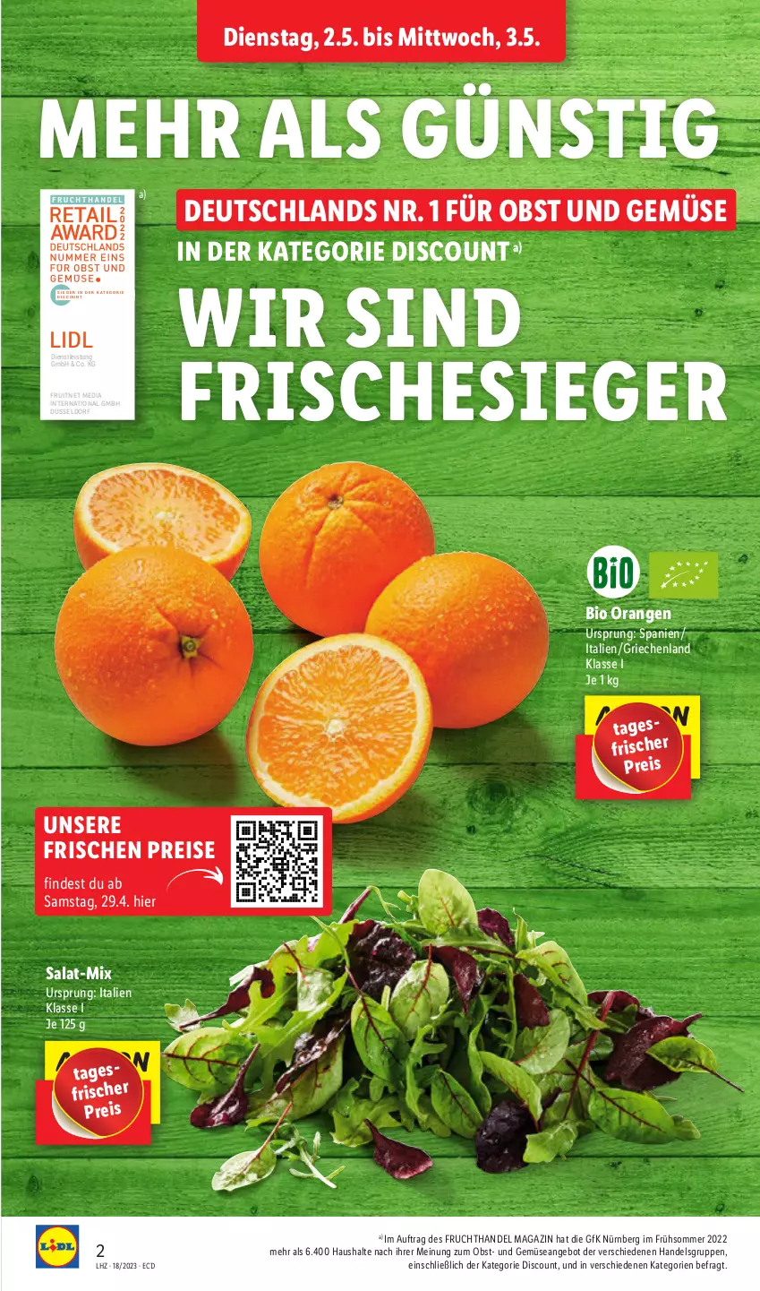 Aktueller Prospekt Lidl - Aktionsprospekt - von 02.05 bis 06.05.2023 - strona 2 - produkty: angebot, bio, discount, eis, ente, frucht, magazin, obst, Obst und Gemüse, orange, orangen, reis, salat, Ti, und gemüse