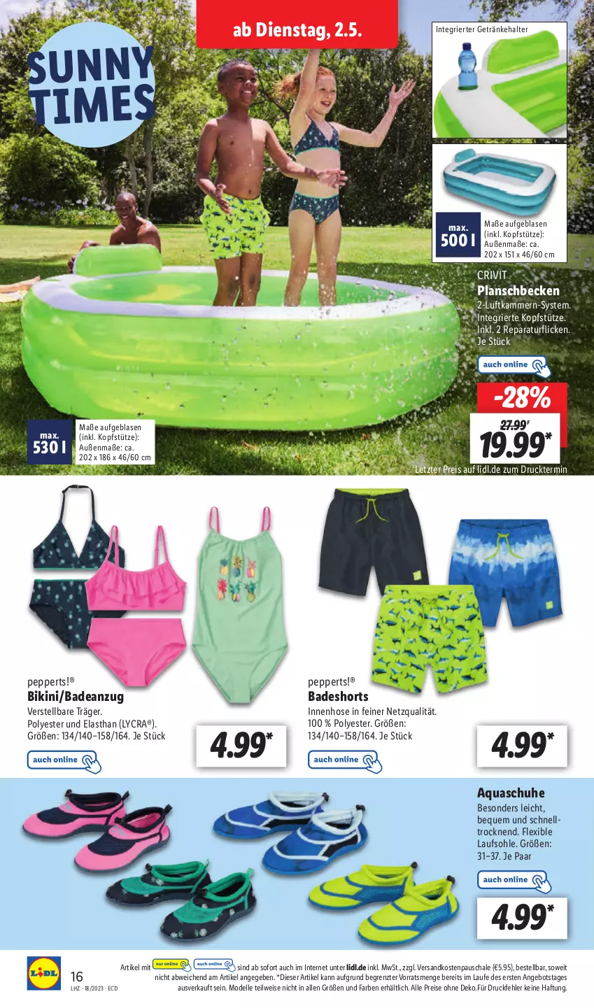 Aktueller Prospekt Lidl - Aktionsprospekt - von 02.05 bis 06.05.2023 - strona 20 - produkty: angebot, Anzug, aqua, Bad, badeanzug, badeshorts, bikini, crivit, dell, eis, elle, getränk, getränke, getränkehalter, hose, kopfstütze, Mode, ndk, planschbecken, reis, Schal, Schale, schuhe, shorts, Ti, ZTE