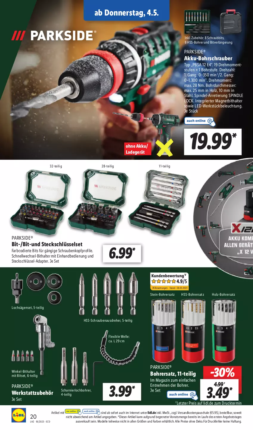 Aktueller Prospekt Lidl - Aktionsprospekt - von 02.05 bis 06.05.2023 - strona 26 - produkty: adapter, akku, akku-bohrschrauber, angebot, beleuchtung, Bitset, Bohrschrauber, dell, eis, elle, Holz, ladegerät, magazin, messer, Mode, ndk, Parkside, reis, säge, Schal, Schale, schrauben, Ti, ZTE