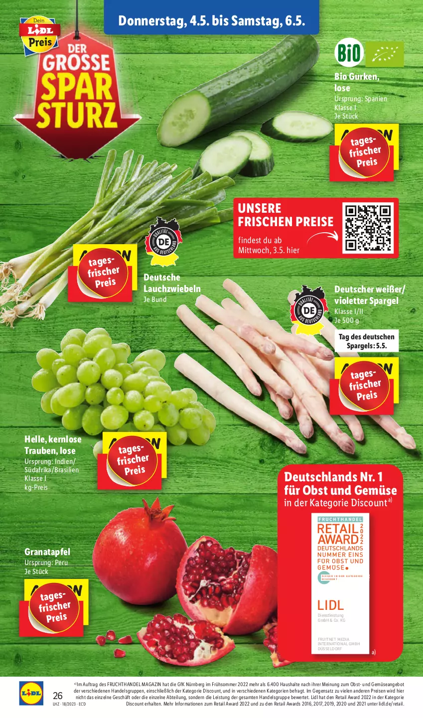 Aktueller Prospekt Lidl - Aktionsprospekt - von 02.05 bis 06.05.2023 - strona 34 - produkty: Abtei, angebot, apfel, bio, bio gurken, discount, eis, elle, ente, frucht, grana, granatapfel, gurke, gurken, Lauchzwiebel, lauchzwiebeln, magazin, obst, Obst und Gemüse, Rana, reis, spargel, Ti, trauben, und gemüse, zwiebel, zwiebeln