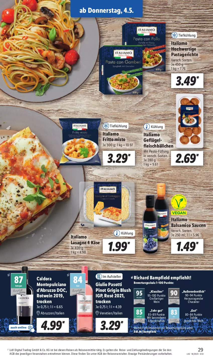 Aktueller Prospekt Lidl - Aktionsprospekt - von 02.05 bis 06.05.2023 - strona 37 - produkty: balsam, balsamico, eis, elle, fleisch, Fleischbällchen, Geflügel, italiamo, Käse, lasagne, mac, monte, Montepulciano, pasta, Pastagericht, pesto, Pinot, pinot grigio, reis, reiseveranstalter, rotwein, sauce, saucen, teller, Ti, wein