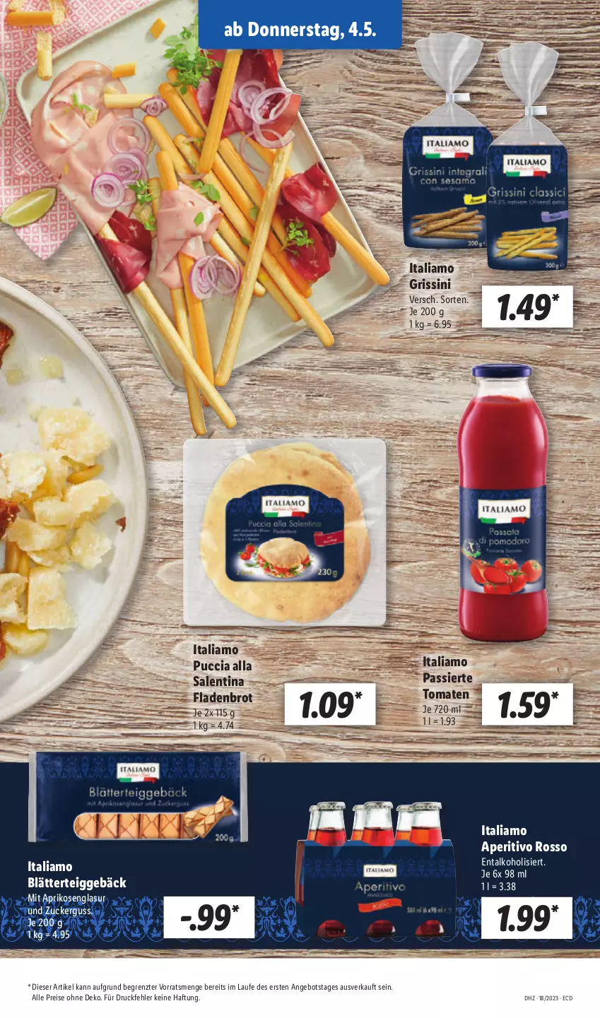 Aktueller Prospekt Lidl - Aktionsprospekt - von 02.05 bis 06.05.2023 - strona 43 - produkty: alkohol, angebot, aprikose, aprikosen, blätterteig, blätterteiggebäck, brot, eis, Fladenbrot, grissini, italiamo, reis, Ti, tomate, tomaten, ZTE, zucker