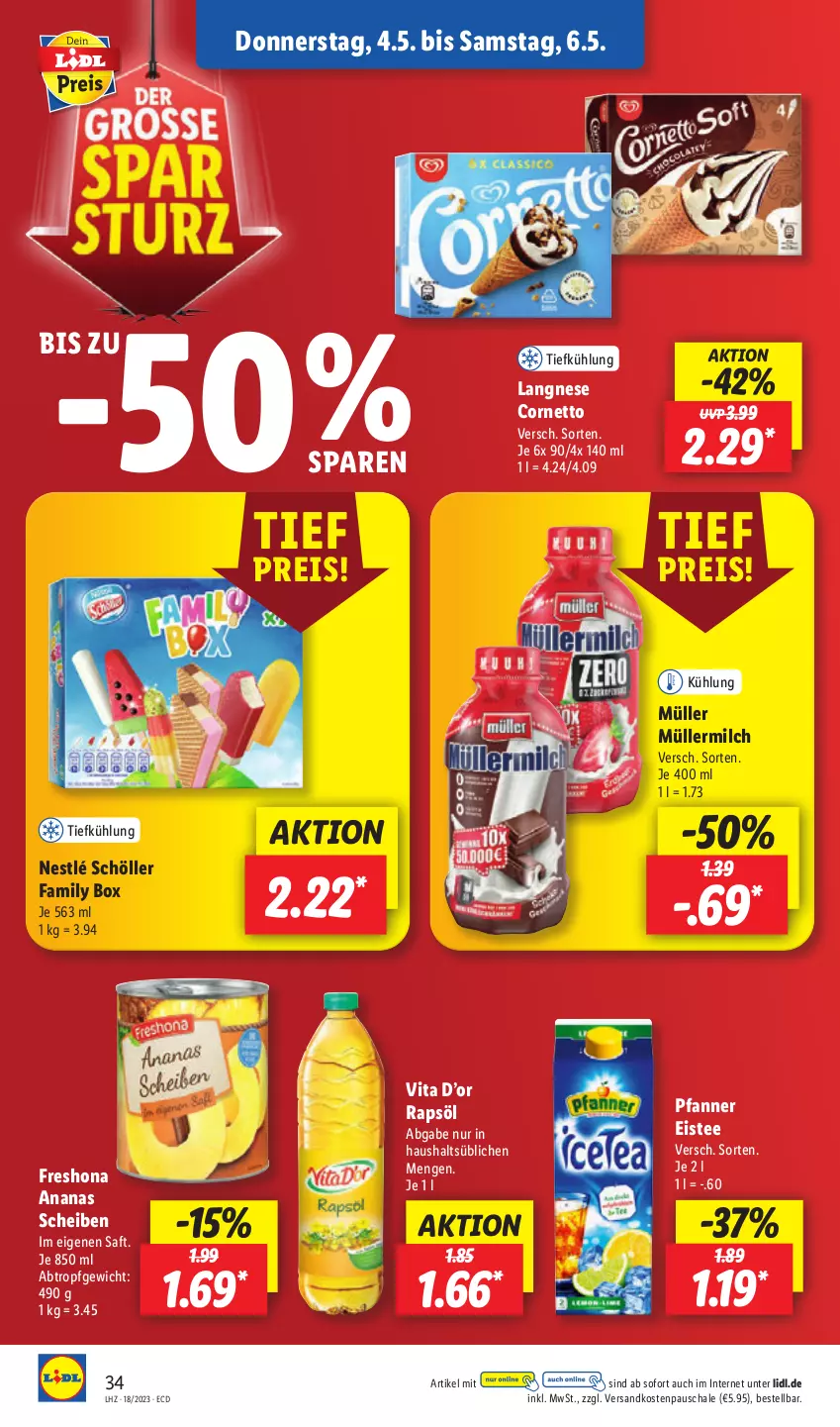 Aktueller Prospekt Lidl - Aktionsprospekt - von 02.05 bis 06.05.2023 - strona 46 - produkty: ananas, cornetto, eis, eistee, langnese, milch, Müller, müllermilch, ndk, nestlé, nestlé schöller, pfanne, Pfanner, rapsöl, reis, saft, Schal, Schale, Schöller, tee, Ti, vita