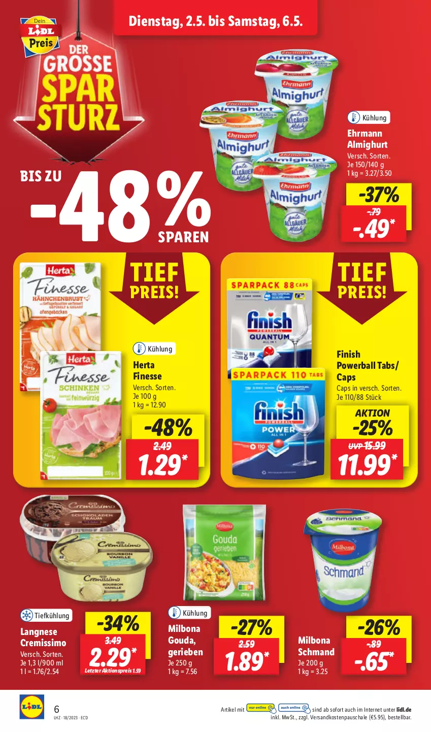 Aktueller Prospekt Lidl - Aktionsprospekt - von 02.05 bis 06.05.2023 - strona 6 - produkty: aktionspreis, almighur, almighurt, ball, Bona, Cap, cremissimo, ehrmann, ehrmann almighurt, eis, finesse, Finish, gouda, herta, herta finesse, langnese, langnese cremissimo, Milbona, ndk, powerball, reis, Schal, Schale, schmand, sim, Ti, ZTE