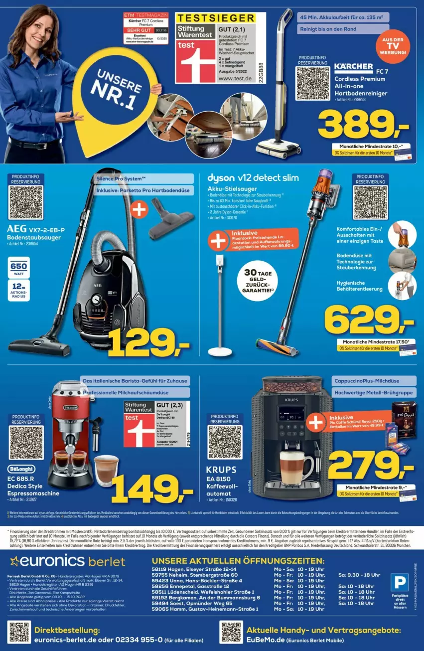 Aktueller Prospekt Euronics - Prospekte - von 12.10 bis 19.10.2022 - strona 12 - produkty: aeg, angebot, angebote, Behälter, bodenstaubsauger, Cap, Dyson, elle, ente, espresso, Handy, kaffee, karcher, krups, milch, Schal, staubsauger, Ti, uhr