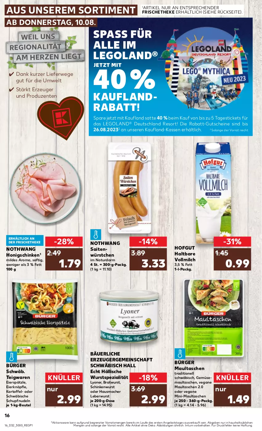 Aktueller Prospekt Kaufland - Prospekt - von 10.08 bis 16.08.2023 - strona 16 - produkty: angebot, beutel, bratwurst, coupon, coupons, eier, eierspätzle, ente, gutschein, gutscheine, Hausmacher, hofgut, honig, kartoffel, kerze, leberwurst, lyoner, mac, maultaschen, milch, natur, nudel, nudeln, rabatt-coupon, rwe, saft, schinken, schinkenwurst, Spezi, Sushi, Tasche, taschen, Tchibo, teigwaren, telefon, Ti, vollmilch, wurst, würstchen, Yo, ZTE