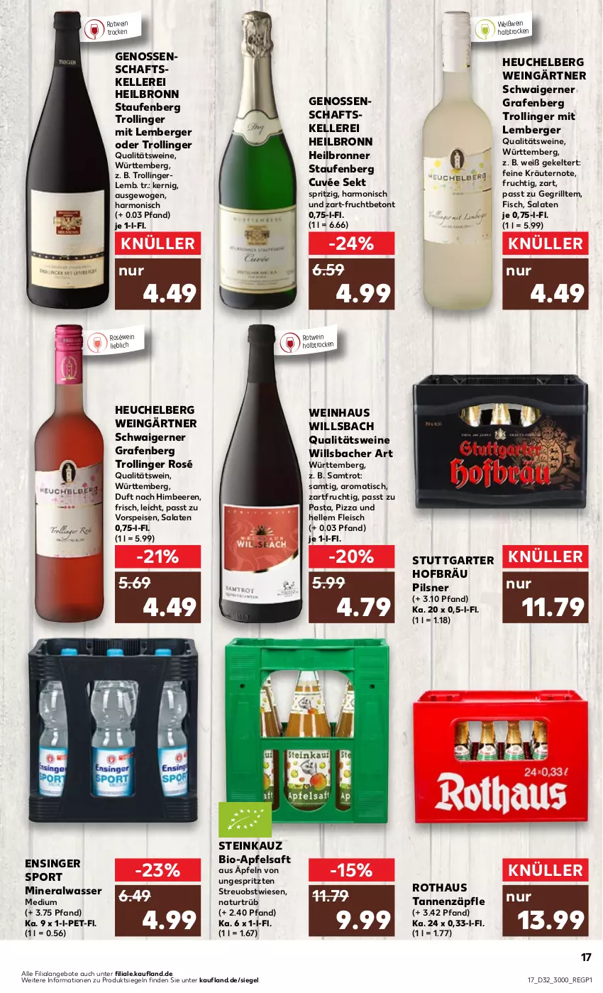 Aktueller Prospekt Kaufland - Prospekt - von 10.08 bis 16.08.2023 - strona 17 - produkty: Alwa, angebot, angebote, apfel, apfelsaft, beere, beeren, Berger, bio, Bronner, cuvée, eis, elle, esprit, fisch, fleisch, frucht, grill, Heu, himbeer, himbeere, himbeeren, kräuter, kräutern, mineralwasser, natur, obst, pasta, pils, pilsner, pizza, qualitätswein, qualitätsweine, roséwein, rotwein, saft, salat, salate, sekt, Sport, Ti, tisch, trolli, trollinger, vorspeise, wasser, wein, weine, Weißwein, ZTE