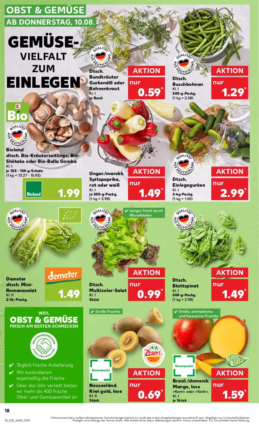 Aktueller Prospekt Kaufland - Prospekt - von 10.08 bis 16.08.2023 - strona 20 - produkty: angebot, ball, bio, bioland, blattspinat, bohne, bohnen, Buschbohnen, früchte, gurke, gurken, kiwi, Kiwi Gold, Kraut, kräuter, Kräuterseitlinge, mango, ndk, obst, paprika, Romanasalat, salat, Schal, Schale, spinat, Spitzpaprika, Ti, tisch, trolli, und gemüse, ZTE