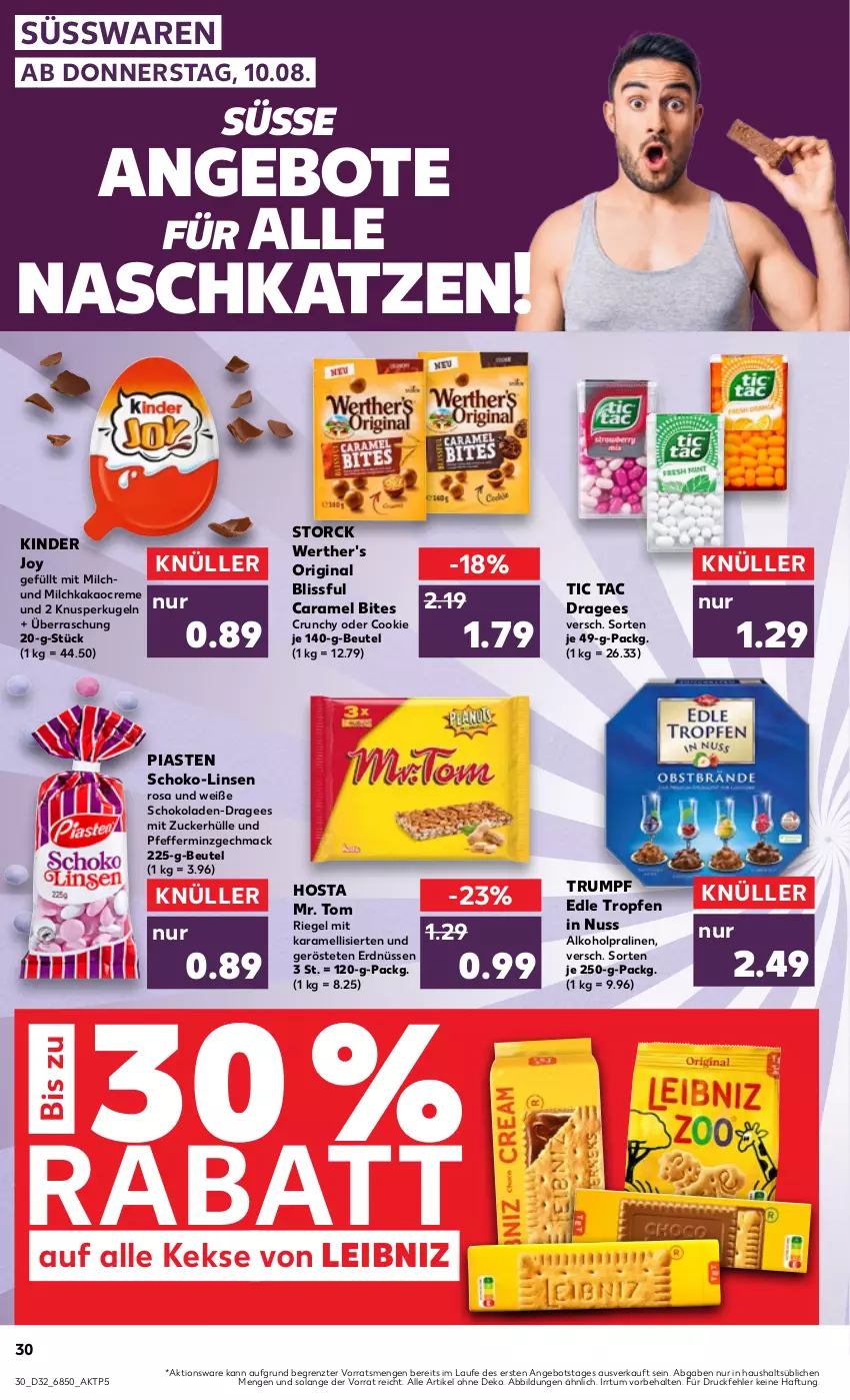 Aktueller Prospekt Kaufland - Prospekt - von 10.08 bis 16.08.2023 - strona 32 - produkty: alkohol, angebot, angebote, beutel, bites, caramel, cookie, creme, erdnüsse, erdnüssen, gin, kakao, karamell, keks, kekse, Kinder, Kugel, leibniz, linsen, mac, milch, nuss, pfeffer, pralinen, riegel, rum, schoko, schokolade, schokoladen, storck, süsswaren, Ti, Weiße Schokolade, werther's, ZTE, zucker