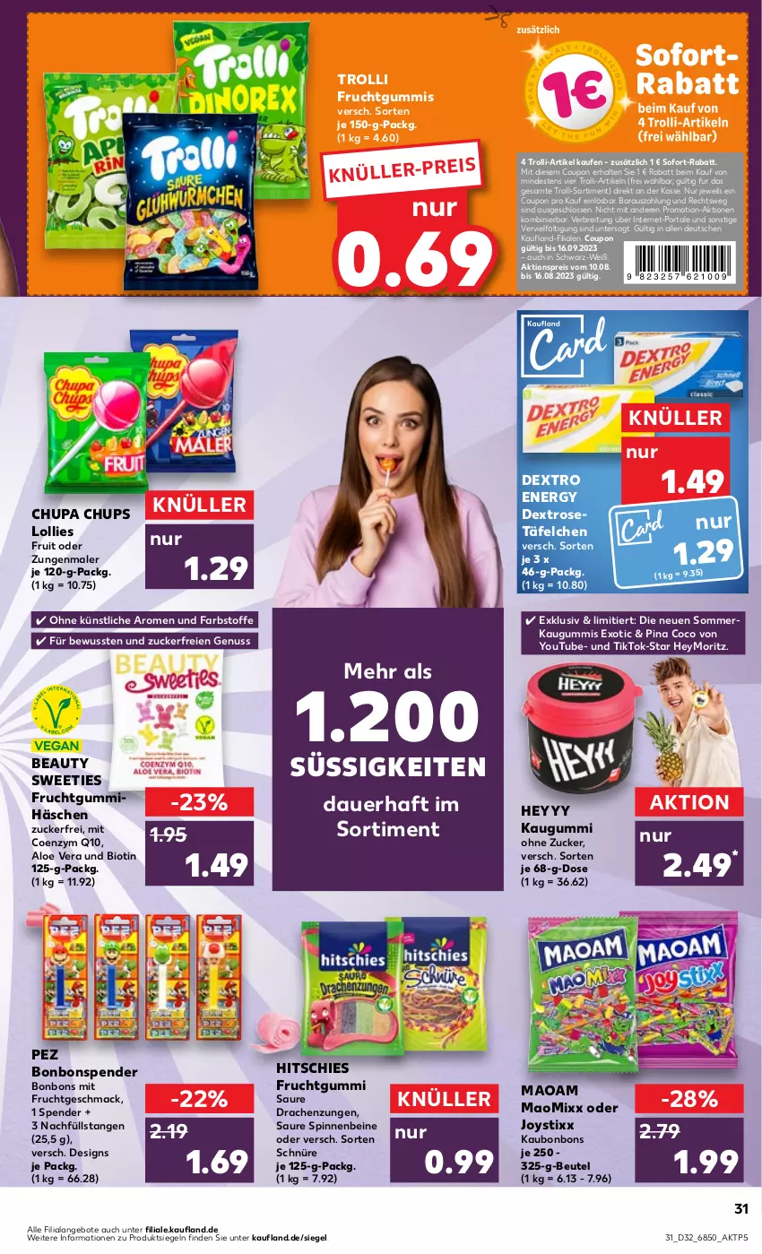 Aktueller Prospekt Kaufland - Prospekt - von 10.08 bis 16.08.2023 - strona 33 - produkty: aktionspreis, aloe vera, angebot, angebote, auer, beutel, bio, bonbons, Brei, chupa, chupa chups, coupon, eis, frucht, fruchtgummi, fruchtgummis, kaugummi, mac, maoam, mit frucht, nuss, Q10, reis, sofort-rabatt, Ti, trolli, trolli fruchtgummi, Yo, zucker