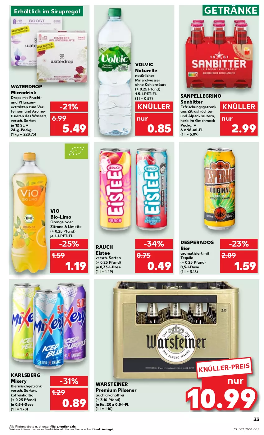 Aktueller Prospekt Kaufland - Prospekt - von 10.08 bis 16.08.2023 - strona 35 - produkty: alkohol, Alwa, angebot, angebote, bier, bio, desperados, drink, eis, eistee, elle, erfrischungsgetränk, frucht, früchte, früchten, getränk, getränke, karlsberg, karlsberg mixery, kräuter, kräutern, limette, limo, mac, Mett, mineralwasser, mit frucht, Mixer, mixery, natur, natürliches mineralwasser, orange, pflanze, pflanzen, pils, pilsener, premium pils, Rauch, regal, rel, sanpellegrino, sirup, steiner, tee, tequila, Ti, volvic, warsteiner, wasser, zitrone