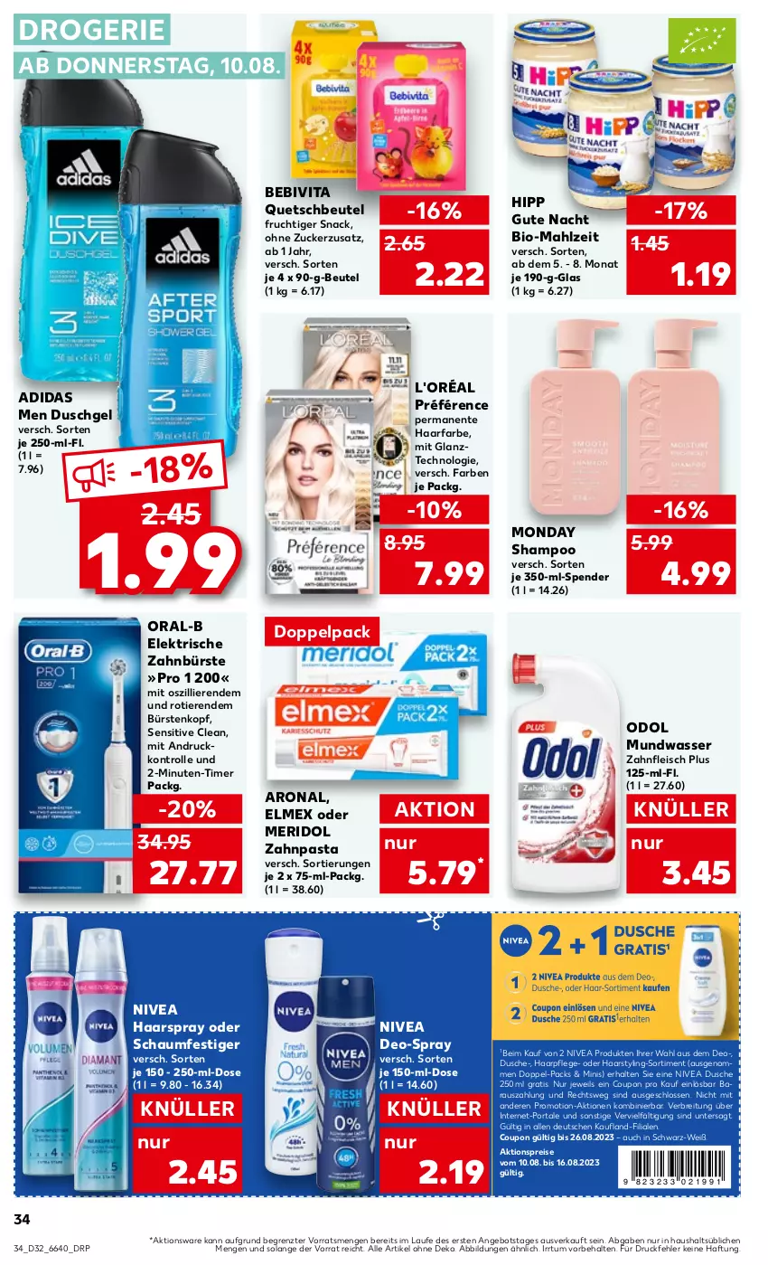 Aktueller Prospekt Kaufland - Prospekt - von 10.08 bis 16.08.2023 - strona 36 - produkty: Adidas, aktionspreis, angebot, bebivita, beutel, bio, Brei, bürste, bürsten, coupon, deo, dusche, duschgel, eis, elektrische zahnbürste, elmex, ente, fleisch, frucht, haarpflege, haarspray, hipp, meridol, mundwasser, nivea, oder schaumfestiger, Odol, oral-b, pasta, quetschbeutel, reis, schaumfestiger, shampoo, snack, Ti, Tiere, timer, vita, wasser, zahnbürste, zahnpasta, ZTE, zucker