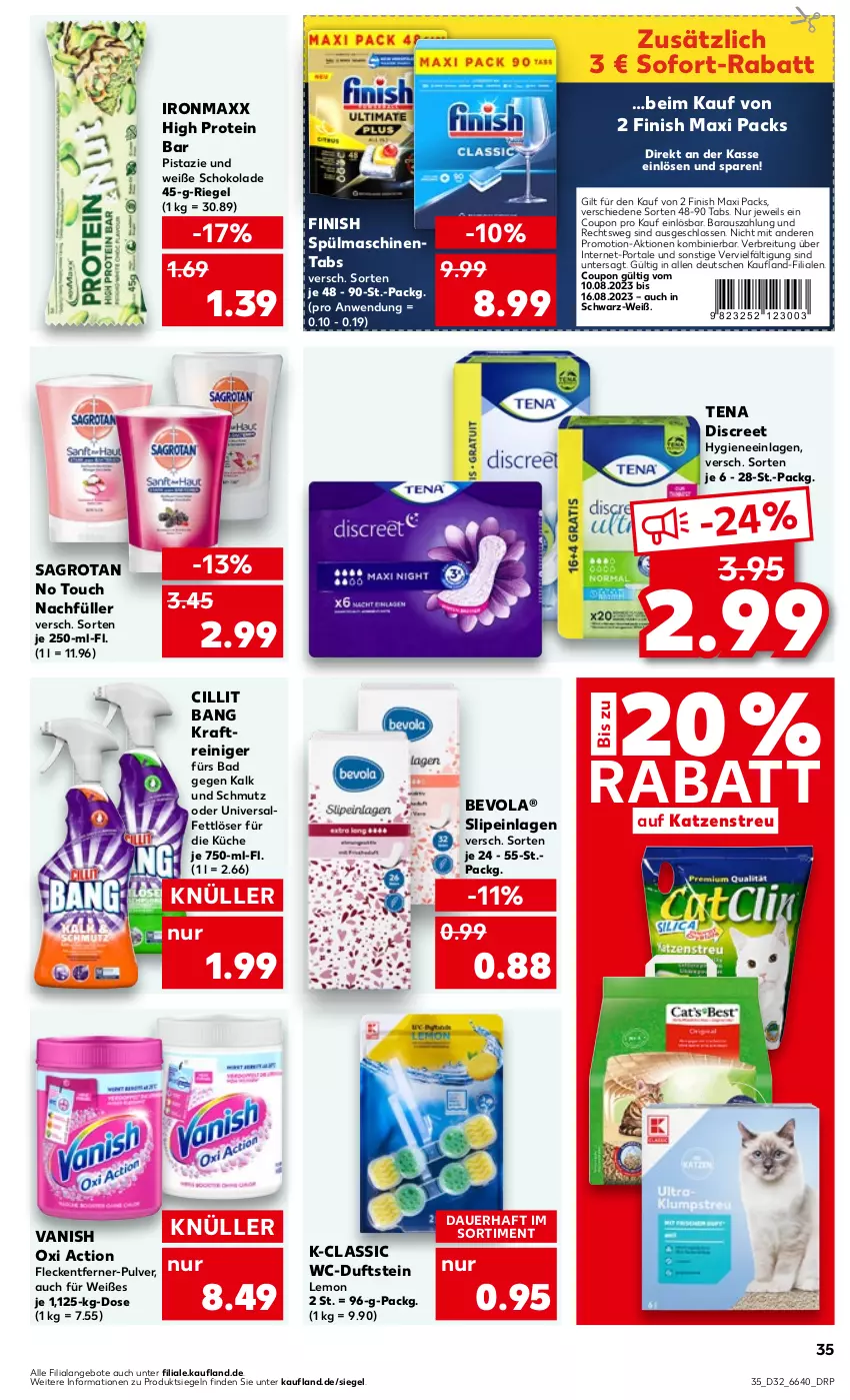 Aktueller Prospekt Kaufland - Prospekt - von 10.08 bis 16.08.2023 - strona 37 - produkty: angebot, angebote, auer, Bad, Brei, Cillit, cillit bang, coupon, Discreet, Fettlöser, Finish, fleckentferner, Katzenstreu, kraft, küche, oxi action, reiniger, riegel, sagrotan, schoko, schokolade, slip, slipeinlagen, sofort-rabatt, spülmaschinen, spülmaschinentabs, Ti, vanish, vanish oxi action, Weiße Schokolade