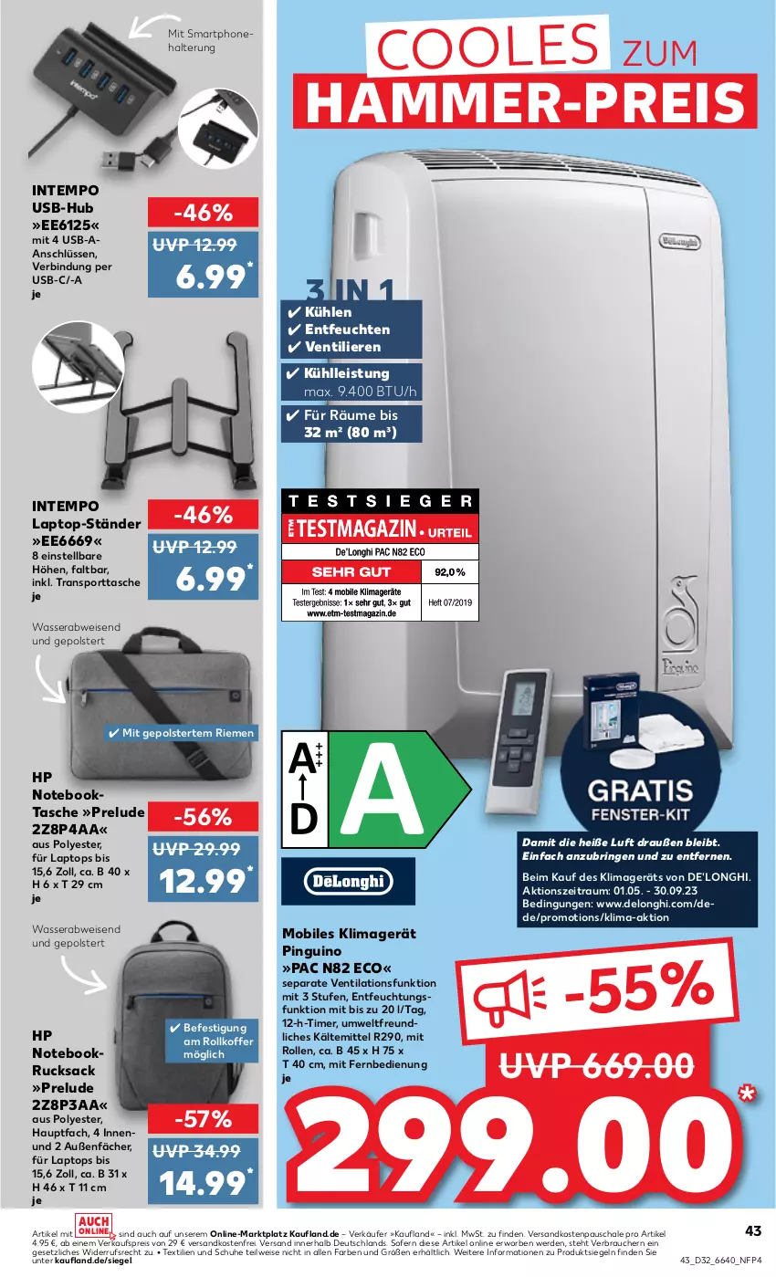 Aktueller Prospekt Kaufland - Prospekt - von 10.08 bis 16.08.2023 - strona 45 - produkty: De'Longhi, delonghi, eis, erde, fernbedienung, hammer-preis, HP, klimagerät, koffer, Laptop, mit fernbedienung, ndk, notebook, pingui, Rauch, reis, rel, ring, rucksack, sac, Schal, Schale, schuhe, smartphone, Sport, sporttasche, Tasche, Tempo, Ti, timer, usb, versandkostenfrei, wasser