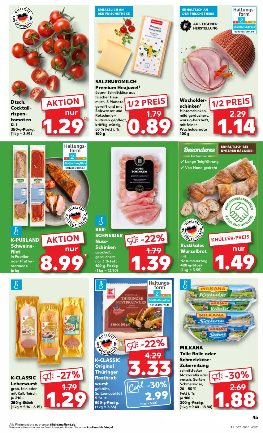 Aktueller Prospekt Kaufland - Prospekt - von 10.08 bis 16.08.2023 - strona 47 - produkty: angebot, angebote, auer, bratwurst, brot, cocktail, eis, filet, fleisch, gin, Heu, Heujuwel, heumilch, hinterschinken, Kalbfleisch, Käse, leberwurst, marinade, milch, milka, milkana, mit kalbfleisch, mozzarella, natur, nuss, original thüringer, paprika, pfeffer, purland, reis, rel, ring, rispentomaten, rostbratwurst, salz, SalzburgMilch, schinken, Schmelzkäse, schmelzkäsezubereitung, schnittkäse, schwein, schweine, schweinefilet, spitzenqualität, thüringer rostbratwurst, Ti, tomate, tomaten, wasser, wein, weine, wurst