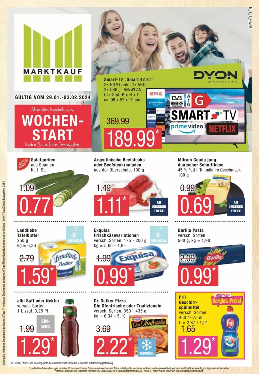 Aktueller Prospekt Edeka - Prospekte - von 27.01 bis 03.02.2024 - strona 1 - produkty: Abtei, angebot, angebote, barilla, beef, butter, deutscher schnittkäse, die ofenfrische, Dr. Oetker, eis, exquisa, fleisch, frischkäse, geschirr, gouda, gouda jung, gurke, gurken, HDMI, Käse, landliebe, mac, milram, Nektar, Ofen, pasta, pizza, pril, Ria, rouladen, saft, salat, Salatgurke, salatgurken, Schal, Schale, schnittkäse, sony, spülmittel, steak, steaks, Ti, tradizionale, usb, wurst, ZTE