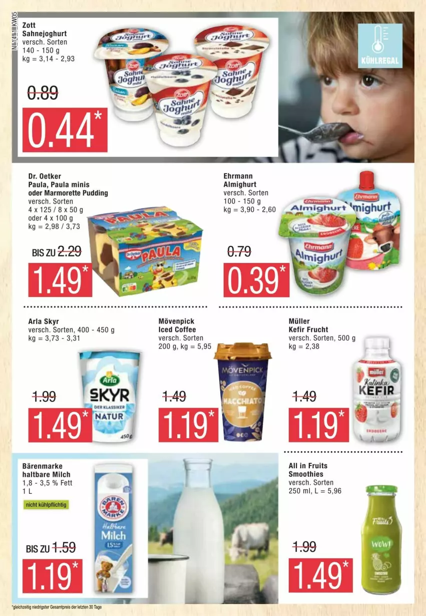 Aktueller Prospekt Edeka - Prospekte - von 27.01 bis 03.02.2024 - strona 14 - produkty: almighur, almighurt, arla, arla skyr, bärenmarke, Dr. Oetker, ehrmann, eis, frucht, haltbare milch, joghur, joghurt, Kefir, marmorette, milch, mövenpick, Müller, Paula, pudding, reis, sahne, Sahnejoghurt, Skyr, smoothie, smoothies, Ti, zott, ZTE