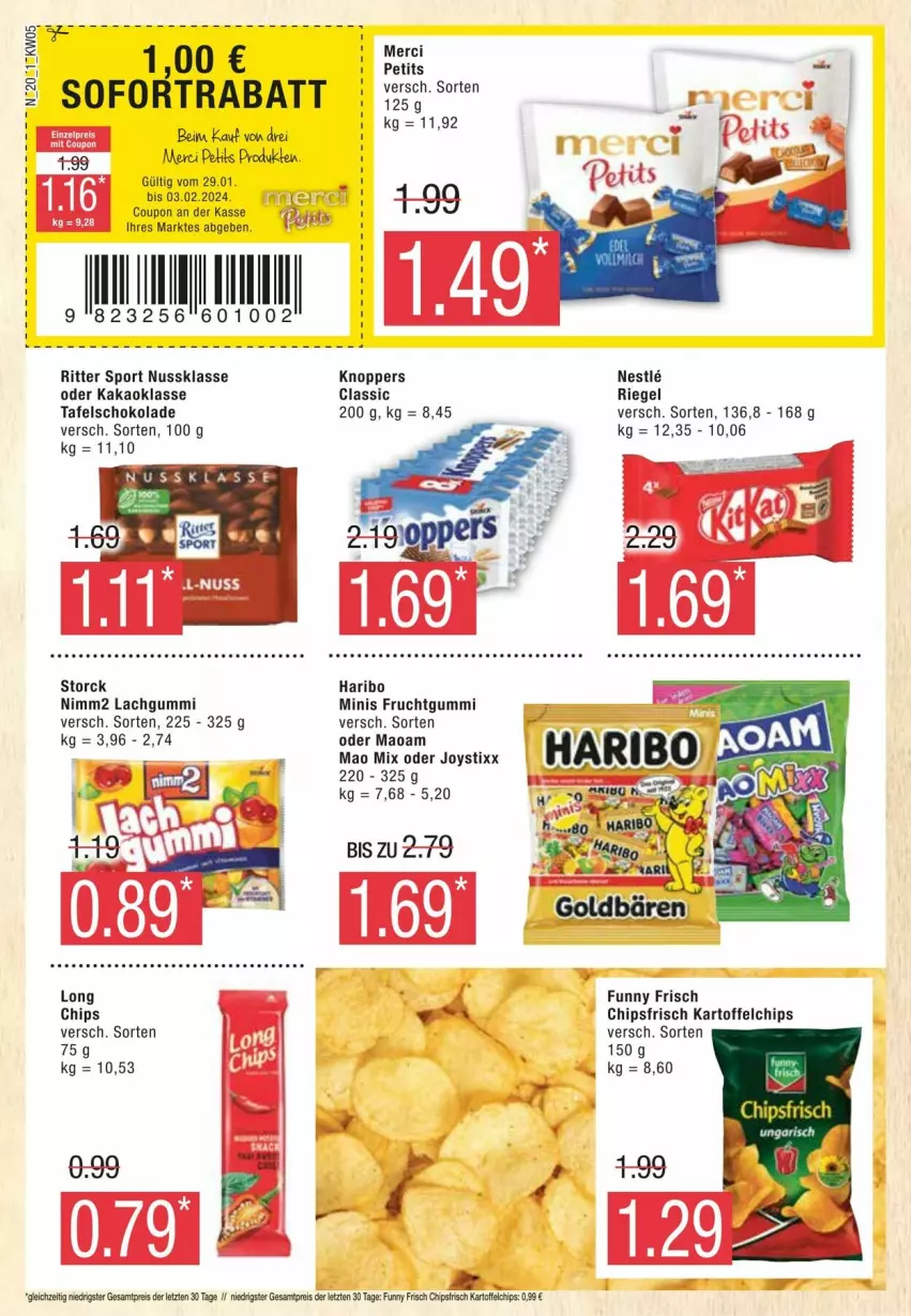 Aktueller Prospekt Edeka - Prospekte - von 27.01 bis 03.02.2024 - strona 20 - produkty: chips, chipsfrisch, coupon, frucht, fruchtgummi, Funny Frisch, haribo, kakao, kartoffel, kartoffelchips, knoppers, lachgummi, maoam, merci, nimm2, nuss, Pants, riegel, ritter, ritter sport, schoko, schokolade, sofortrabatt, Sport, storck, tafelschokolade, Ti, ZTE