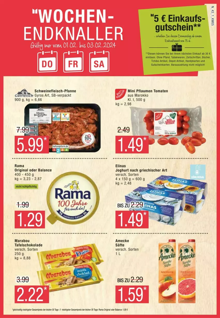 Aktueller Prospekt Edeka - Prospekte - von 27.01 bis 03.02.2024 - strona 43 - produkty: amecke, eis, elinas, fleisch, gin, gutfleisch, gutschein, gyros, Handy, joghur, joghurt, joghurt nach, Marabou, pfanne, pflaume, pflaumen, rama, säfte, schoko, schokolade, schwein, schweine, schweinefleisch, Schweinefleisch-Pfanne, tafelschokolade, Tchibo, Ti, tomate, tomaten, wein, weine, ZTE