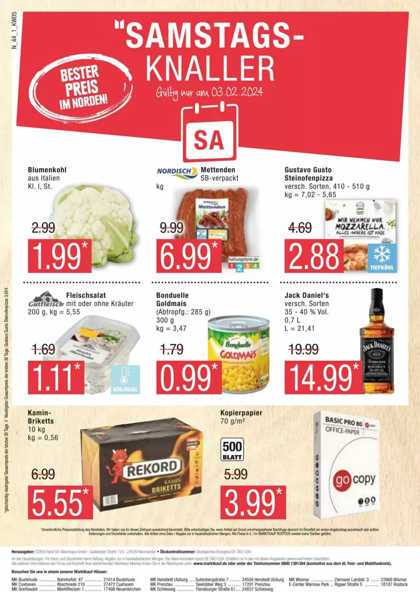 Aktueller Prospekt Edeka - Prospekte - von 27.01 bis 03.02.2024 - strona 44 - produkty: blume, blumen, blumenkohl, bonduelle, eis, elle, ente, fleisch, fleischsalat, Goldmais, gutfleisch, jack daniel, kopierpapier, kräuter, mais, Mett, metten, Mettenden, Ofen, papier, pizza, salat, steinofen, Ti