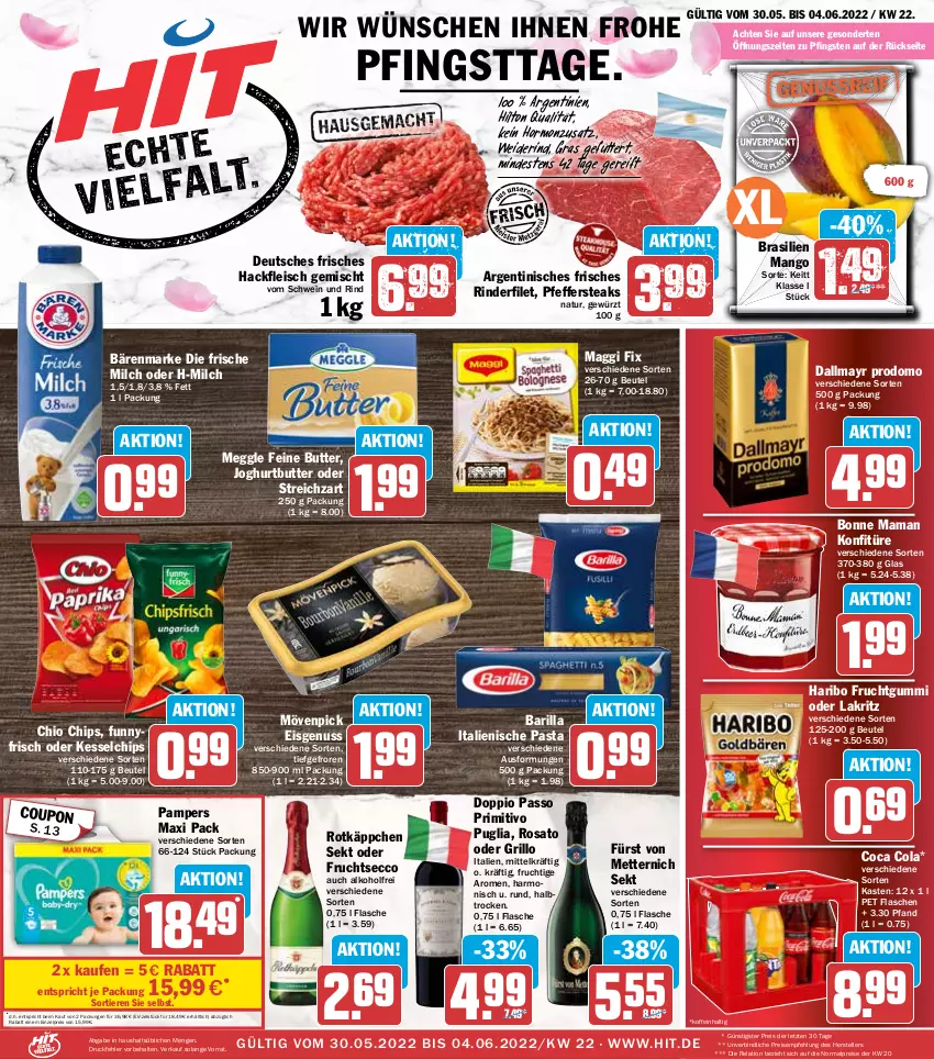 Aktueller Prospekt Hit - Prospekte - von 30.05 bis 04.06.2022 - strona 1 - produkty: alkohol, bärenmarke, barilla, beutel, bonne maman, butter, chio chips, chips, cola, coupon, dallmayr, dallmayr prodomo, doppio passo, ecco, eis, elle, filet, flasche, fleisch, frische milch, frucht, fruchtgummi, fruchtsecco, fürst von metternich, gewürz, grill, grillo, hackfleisch, hackfleisch gemischt, haribo, italienische pasta, joghur, joghurt, konfitüre, Lakritz, maggi, maggi fix, mam, mango, meggle, Mett, metternich, milch, mövenpick, mövenpick eis, natur, nuss, oder lakritz, pampers, passo, pasta, pfeffer, primitivo, prodomo, reis, rel, rind, rinder, rinderfilet, rosato, rotkäppchen, schwein, schwein und rind, sekt, steak, steaks, Streichzart, teller, Ti, Tiere, vom schwein und rind, wein, ZTE