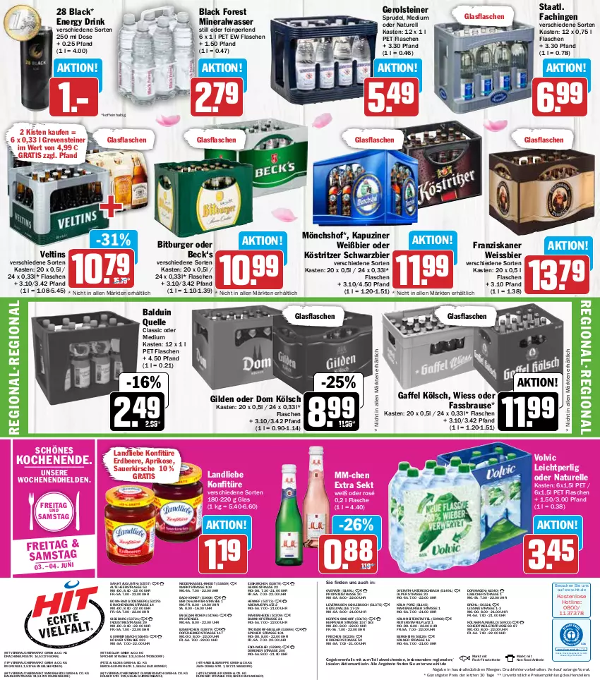 Aktueller Prospekt Hit - Prospekte - von 30.05 bis 04.06.2022 - strona 16 - produkty: Alwa, angebot, angebote, aprikose, auer, Bad, beere, bier, bitburger, black forest, braun, brause, burger, drink, drucker, eimer, eis, elle, energy drink, Engel, erdbeere, fassbrause, fisch, flasche, franziskaner, gerolsteine, gerolsteiner, glasflasche, grevensteiner, kerze, kirsch, kirsche, konfitüre, köstritzer, lack, landliebe, Lübecker, mineralwasser, mönchshof, natur, perlen, Rauch, reis, rel, sekt, Sprudel, Staatl. Fachingen, steiner, teller, Ti, uhr, veltins, volvic, wasser, weissbier, ZTE