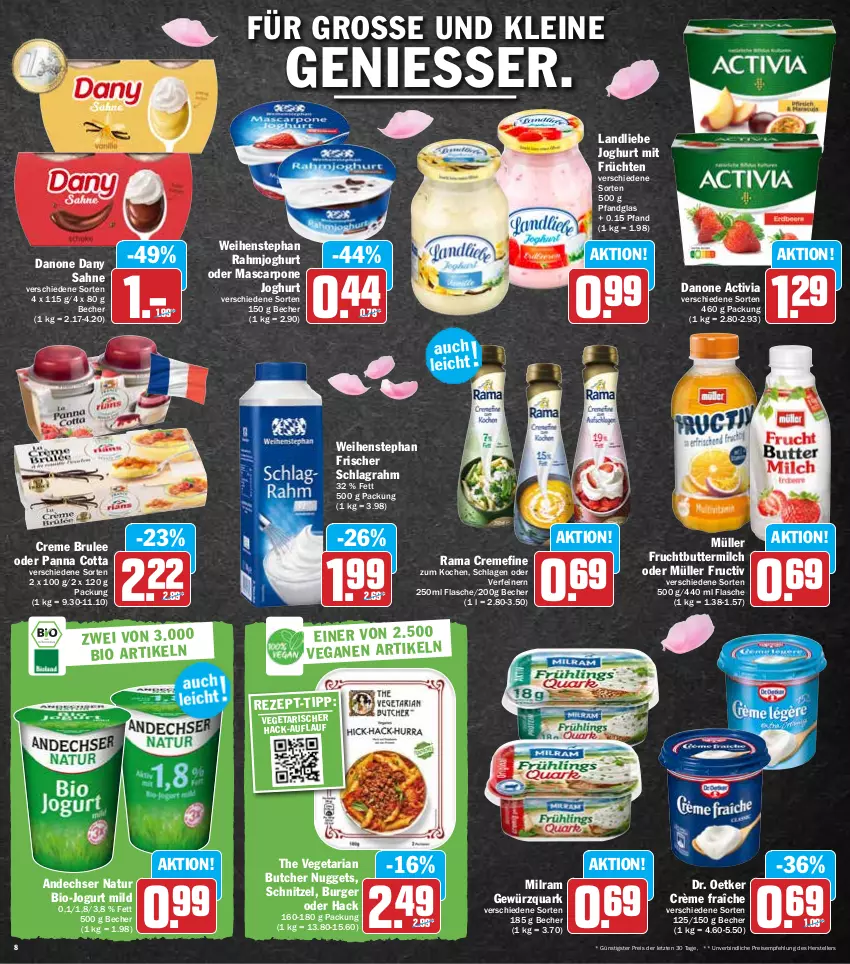 Aktueller Prospekt Hit - Prospekte - von 30.05 bis 04.06.2022 - strona 8 - produkty: activia, andechser natur, Becher, bio, burger, butter, buttermilch, creme, crème fraîche, danone, danone activia, Dany, dany sahne, Dr. Oetker, eis, elle, flasche, frucht, früchte, früchten, gewürz, gewürzquark, joghur, joghurt, jogurt, landliebe, landliebe joghurt, leine, mascarpone, milch, milram, Müller, natur, nuggets, panna cotta, quark, rahmjoghurt, rama, rama cremefine, reis, Ria, sahne, schlagrahm, schnitzel, teller, The Vegetarian Butcher, Ti, Vegeta, weihenstephan, ZTE