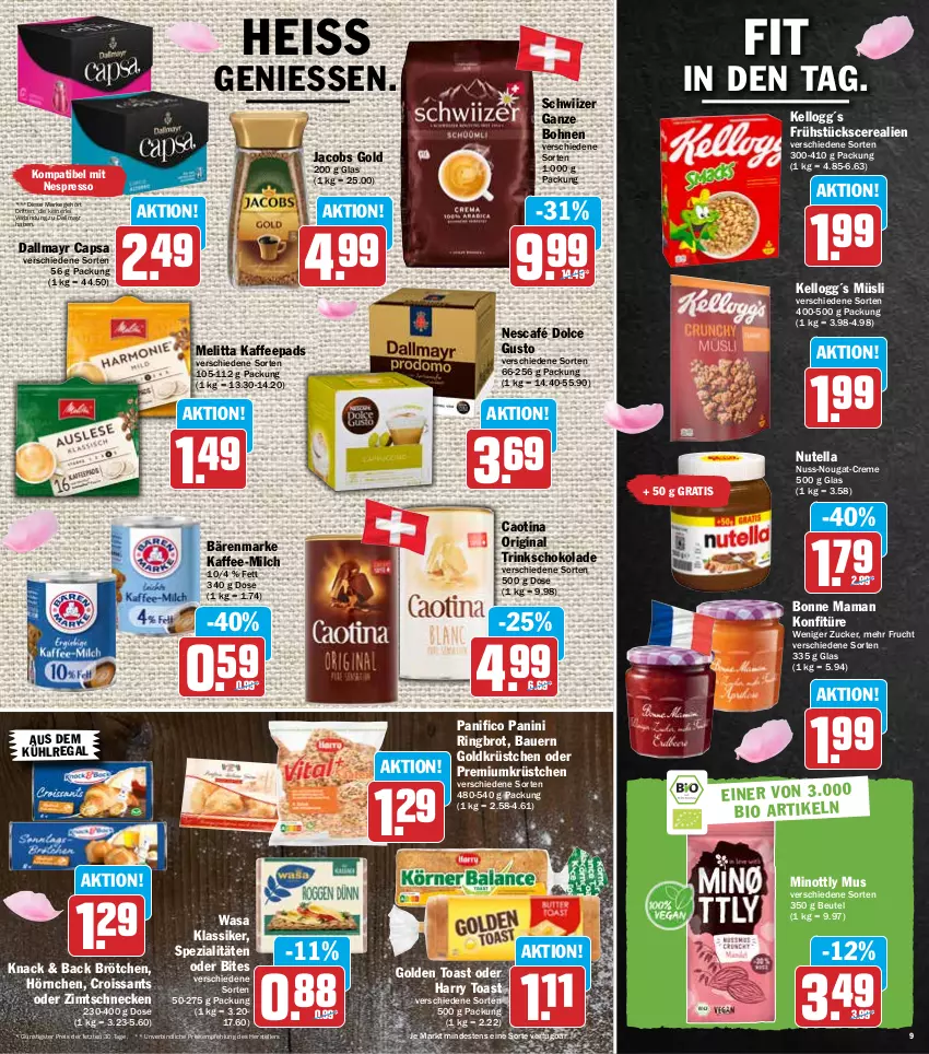 Aktueller Prospekt Hit - Prospekte - von 30.05 bis 04.06.2022 - strona 9 - produkty: auer, aus dem kühlregal, bärenmarke, Bau, Bauer, beutel, bites, bohne, bohnen, bonne maman, brot, brötchen, Cap, cerealien, creme, Croissant, croissants, dallmayr, dallmayr capsa, dolce gusto, eis, elle, espresso, frucht, gin, golden toast, hörnchen, jacobs, Jacobs Gold, kaffee, kaffeepads, konfitüre, kühlregal, mam, melitta, milch, müsli, Nescafé, nespresso, nuss, nuss-nougat-creme, nutella, regal, reis, ring, schoko, schokolade, Spezi, teller, Ti, toast, wasa, ZTE, zucker