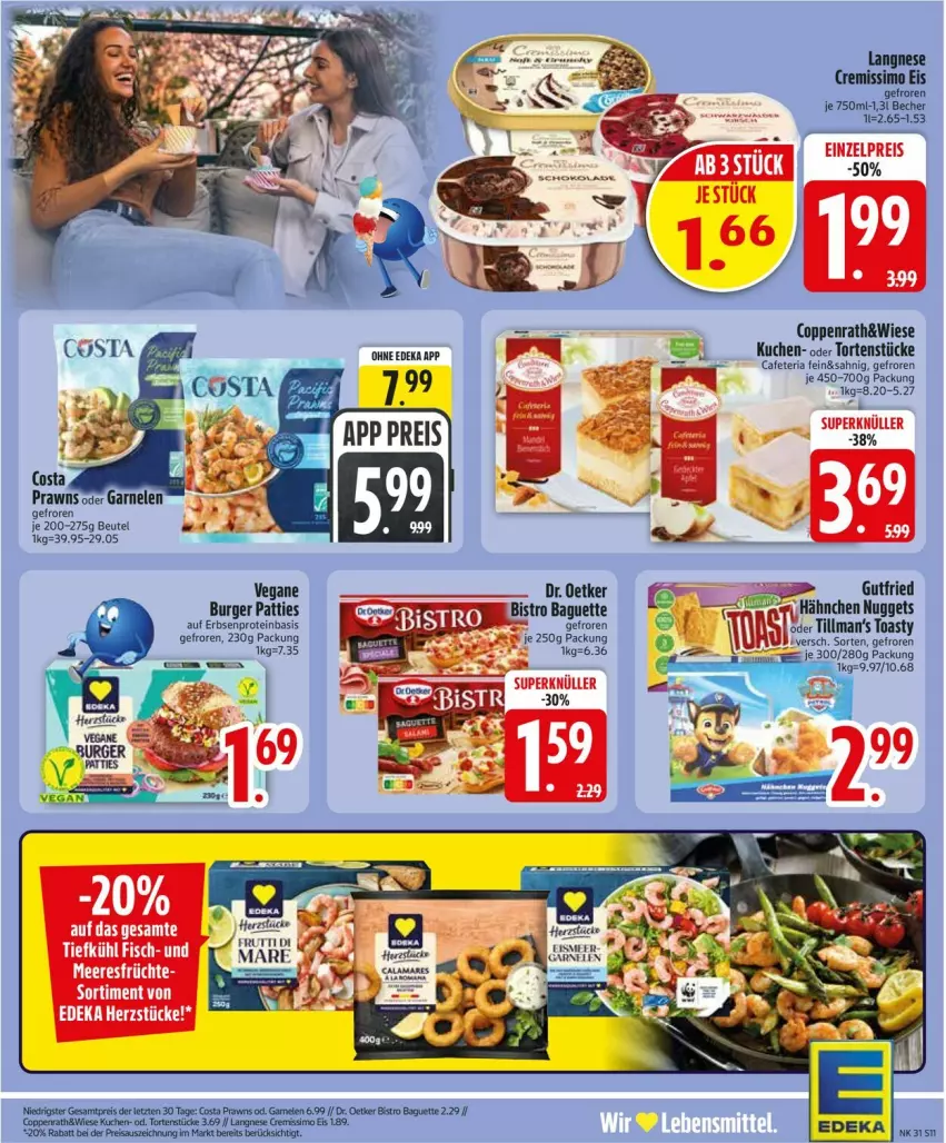 Aktueller Prospekt Edeka - Prospekte - von 27.07 bis 01.08.2026 - strona 13 - produkty: baguette, Becher, beutel, burger, coppenrath, cremissimo, deka, eis, erbsen, gutfried, kuchen, langnese, langnese cremissimo, nuggets, Rana, reis, Ria, sim, Ti, toast, toasty, torte, tuc