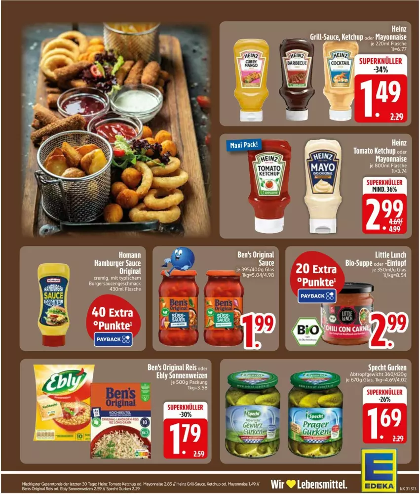 Aktueller Prospekt Edeka - Prospekte - von 27.07 bis 01.08.2026 - strona 15 - produkty: Ben’s Original, burger, eis, flasche, gin, grill, gurke, gurken, heinz, homann, ketchup, lebensmittel, LG, mac, mayonnaise, reis, sauce, specht, Ti, Yo