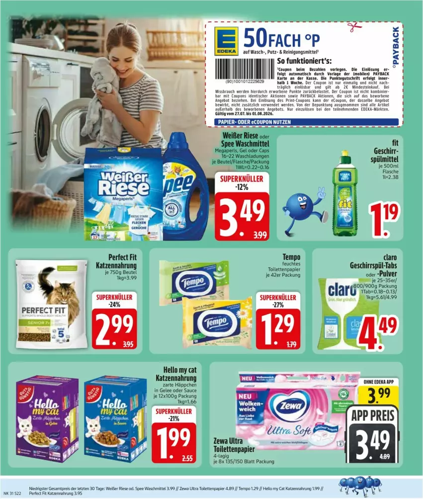 Aktueller Prospekt Edeka - Prospekte - von 27.07 bis 01.08.2026 - strona 24 - produkty: angebot, auto, Cap, coupon, deka, eis, erde, gelee, geschirr, katzennahrung, LG, papier, payback, Perfect Fit, Reinigung, Reinigungsmittel, reis, rwe, sauce, Sofa, spee, Tempo, Ti, tisch, toilettenpapier, waschmittel, zewa, ZTE