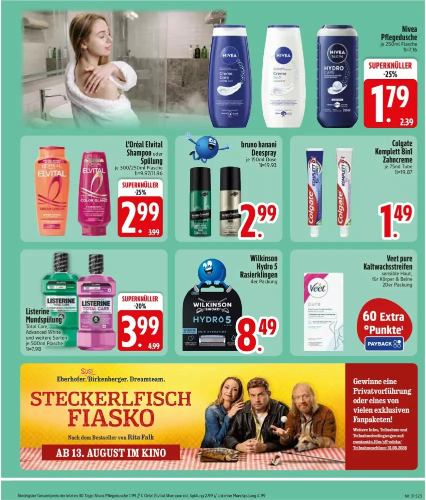 Aktueller Prospekt Edeka - Prospekte - von 27.07 bis 01.08.2026 - strona 25 - produkty: Berger, bruno banani, colgate, creme, deo, deospray, dusche, eis, elle, elvital, fisch, flasche, kaltwachsstreifen, LG, listerine, mundspülung, nivea, oder deospray, pflegedusche, Rasierklinge, rasierklingen, reifen, reis, shampoo, spülung, tee, total care, veet, vita, wilkinson, zahncreme, ZTE