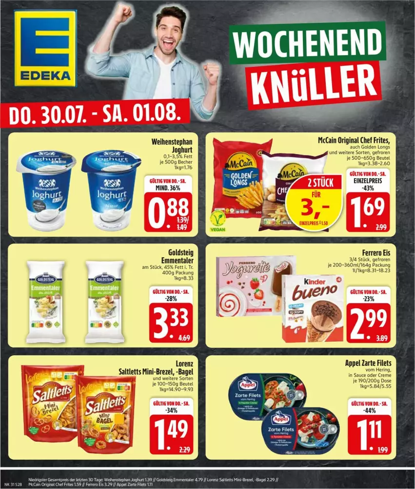 Aktueller Prospekt Edeka - Prospekte - von 27.07 bis 01.08.2026 - strona 30 - produkty: Bagel, Becher, beutel, brezel, creme, eis, emmentaler, ferrero, filet, filets, gin, Golden Longs, goldsteig, hering, joghur, joghurt, lorenz, mccain, reis, ring, saltletts, sauce, weihenstephan