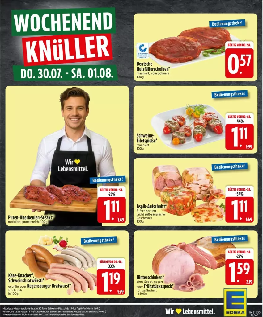 Aktueller Prospekt Edeka - Prospekte - von 27.07 bis 01.08.2026 - strona 32 - produkty: aufschnitt, bratwurst, burger, filet, filets, Frühstücksspeck, hinterschinken, Käse, knacker, lebensmittel, mac, pute, regensburger, schinken, schwein, schweine, Speck, steak, steaks, Ti, wein, weine, wurst