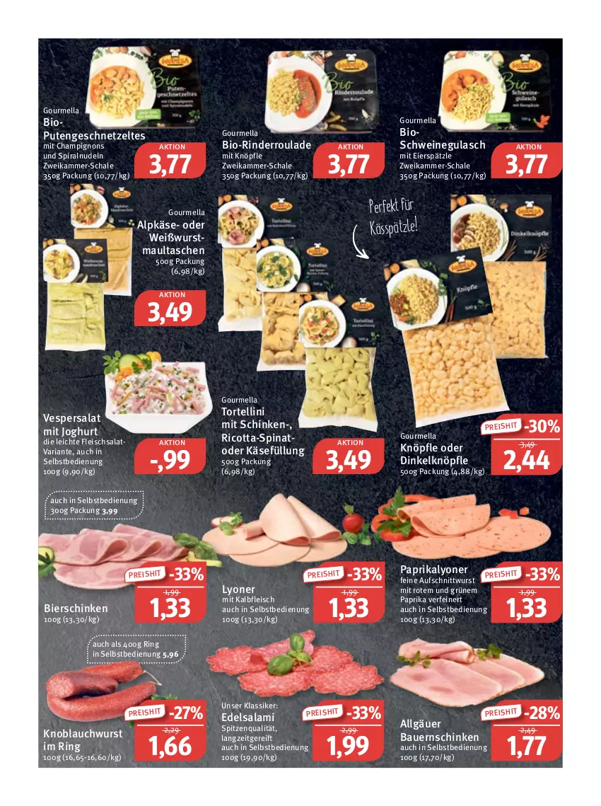 Aktueller Prospekt Feneberg - Prospekte - von 02.02 bis 04.02.2023 - strona 3 - produkty: auer, aufschnitt, Bau, Bauer, Bauernschinken, bier, bierschinken, bio, champignon, champignons, Edelsalami, eier, eierspätzle, eis, fleisch, fleischsalat, geschnetzeltes, gulasch, joghur, joghurt, Kalbfleisch, Käse, knoblauch, LG, lyoner, maultaschen, mit kalbfleisch, nudel, nudeln, paprika, pute, Putengeschnetzeltes, reis, Ria, ricotta, rind, rinder, Rinderroulade, ring, salami, salat, Schal, Schale, schinken, schwein, schweine, schweinegulasch, spinat, spitzenqualität, Tasche, taschen, Ti, torte, tortellini, wein, weine, Weißwurst, wurst, Yo, Zelt