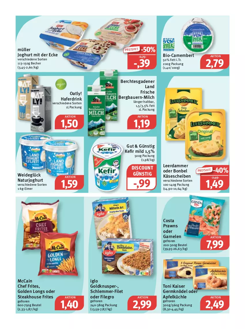 Aktueller Prospekt Feneberg - Prospekte - von 02.02 bis 04.02.2023 - strona 6 - produkty: apfel, auer, Bau, Bauer, Becher, beutel, bio, bonbel, camembert, discount, drink, eimer, eis, filegro, filet, garnelen, Germ, Golden Longs, hafer, Haferdrink, iglo, joghur, joghurt, joghurt mit der ecke, Kaiser, Käse, käsescheiben, Kefir, Knödel, leerdammer, mccain, milch, Müller, natur, naturjoghurt, prawns, reis, schlemmer-filet, steak, Ti