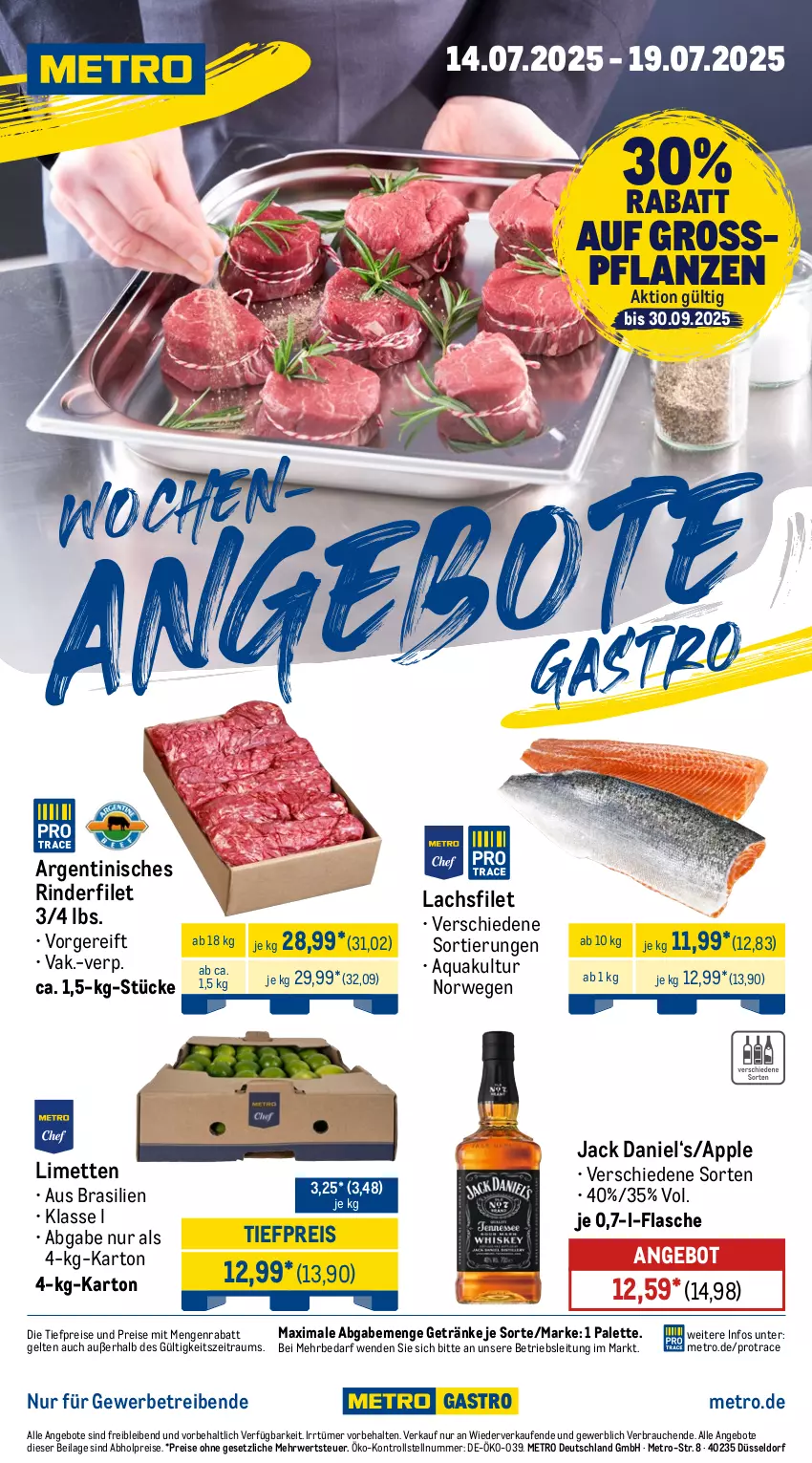 Aktueller Prospekt Metro - Wochen-Angebote Gastro - von 14.07 bis 19.07.2025 - strona 1 - produkty: abholpreise, angebot, angebote, Apple, aqua, eis, filet, flasche, getränk, getränke, ilag, jack daniel, lachs, lachsfilet, limette, limetten, Metro, Mett, metten, Palette, pflanze, pflanzen, Rauch, reis, rind, rinder, rinderfilet, rwe, Ti, tiefpreis