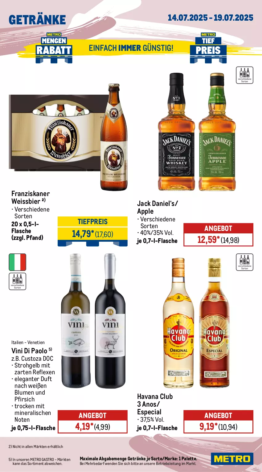 Aktueller Prospekt Metro - Wochen-Angebote Gastro - von 14.07 bis 19.07.2025 - strona 15 - produkty: angebot, Apple, bier, blume, blumen, eis, flasche, franziskaner, getränk, getränke, Havana Club, jack daniel, Metro, metro gastro, Palette, pfirsich, reis, Ti, tiefpreis, weissbier
