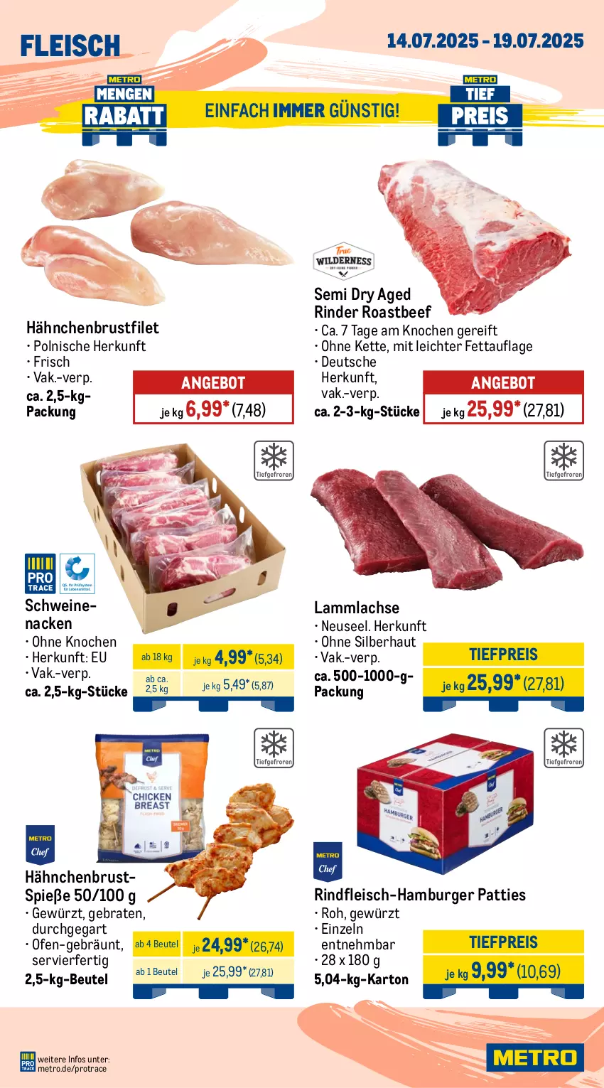 Aktueller Prospekt Metro - Wochen-Angebote Gastro - von 14.07 bis 19.07.2025 - strona 3 - produkty: angebot, beef, beutel, braten, brustfilet, burger, eis, filet, fleisch, gewürz, hähnchenbrust, hähnchenbrustfilet, hamburger, Kette, lachs, lamm, lammlachse, Metro, Ofen, reis, rind, rinder, rindfleisch, roastbeef, schwein, schweine, schweinenacken, Ti, tiefpreis, wein, weine