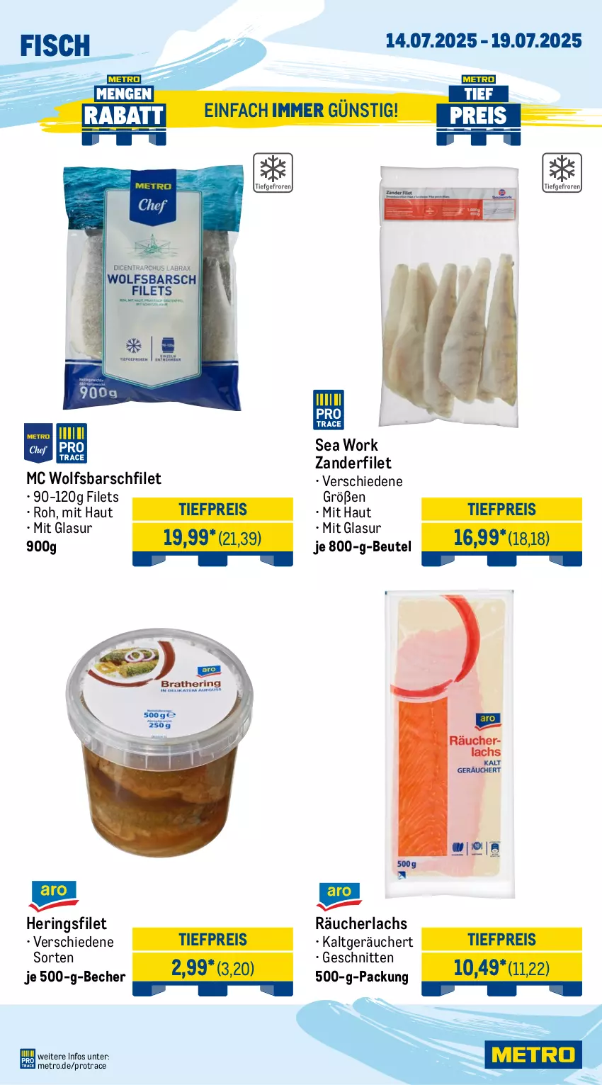 Aktueller Prospekt Metro - Wochen-Angebote Gastro - von 14.07 bis 19.07.2025 - strona 6 - produkty: Becher, beutel, eis, filet, filets, fisch, hering, Herings, lachs, Metro, Räucherlachs, reis, ring, schnitten, Ti, tiefpreis, wolfsbarsch, Zander