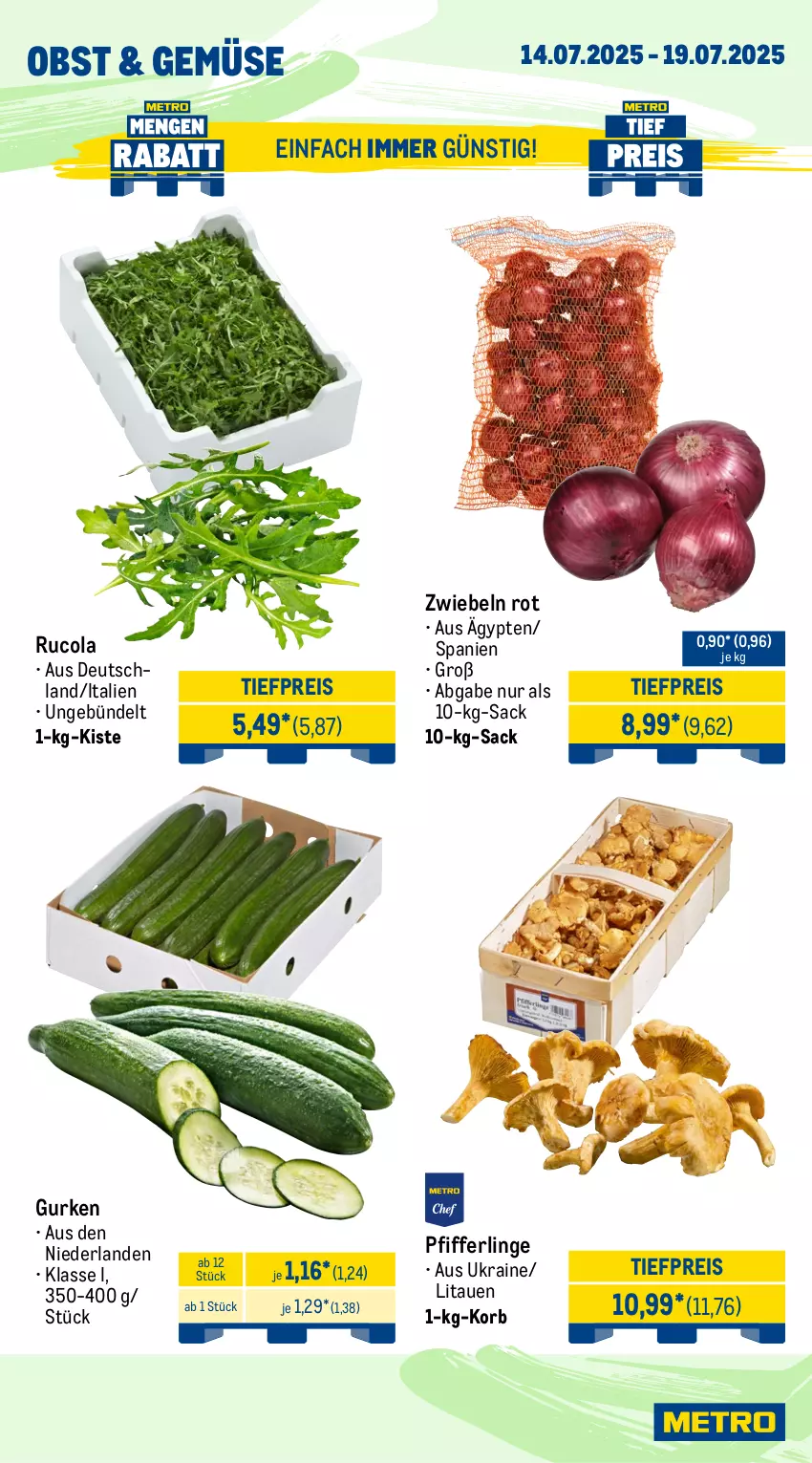 Aktueller Prospekt Metro - Wochen-Angebote Gastro - von 14.07 bis 19.07.2025 - strona 9 - produkty: cola, eis, gurke, gurken, korb, obst, Pfifferlinge, reis, rucola, sac, Ti, tiefpreis, zwiebel, zwiebeln