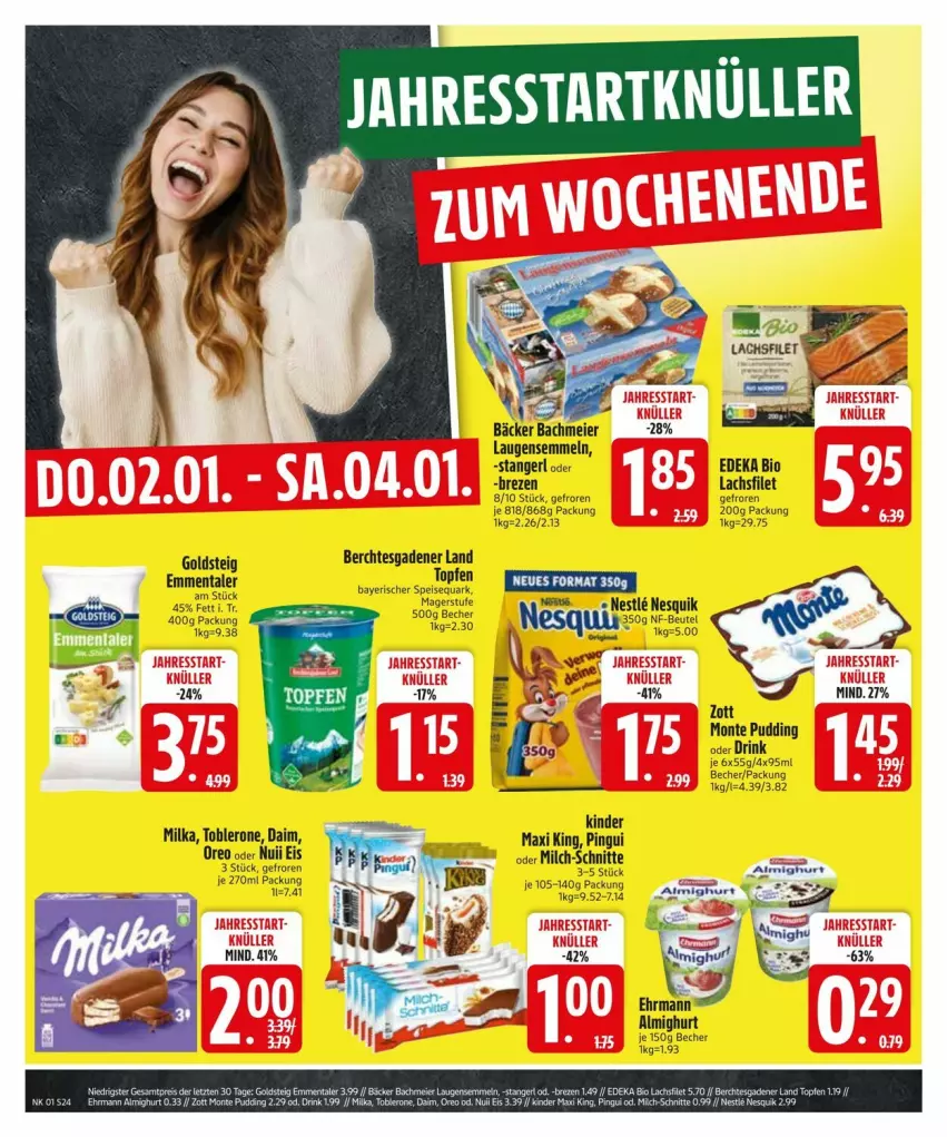 Aktueller Prospekt Edeka - Prospekte - von 29.12.2025 bis 05.01.2026 - strona 26 - produkty: almighur, almighurt, Becher, bio, daim, deka, drink, edeka bio, eier, eis, emmentaler, filet, goldsteig, Kinder, lachs, lachsfilet, milch, milch-schnitte, milka, monte, nesquik, nuii, oreo, pingui, pudding, quark, Semmel, speisequark, toblerone, topf, Topfen, zott, Zott Monte