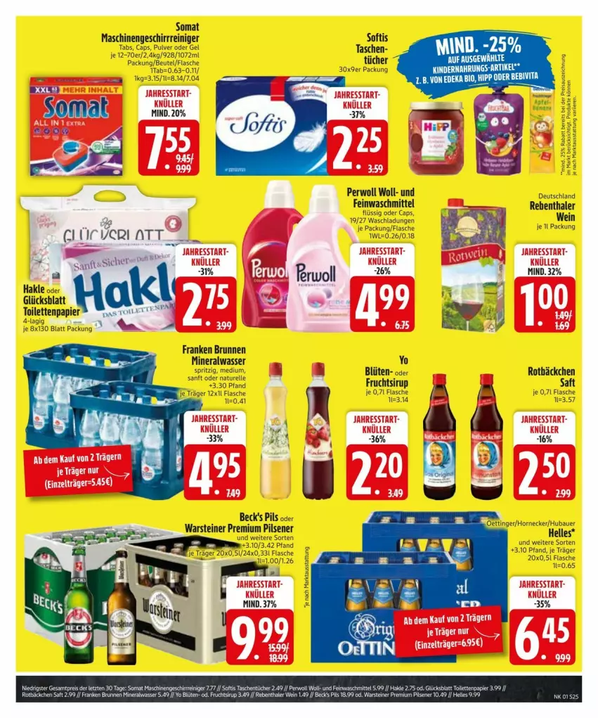 Aktueller Prospekt Edeka - Prospekte - von 29.12.2025 bis 05.01.2026 - strona 27 - produkty: Alwa, auer, Bau, Bauer, beck's, beutel, Blüte, brunnen, Cap, elle, feinwaschmittel, flasche, franken brunnen, frucht, geschirr, hakle, LG, mineralwasser, natur, oettinger, papier, perwoll, pils, pilsener, premium pils, reiniger, rel, saft, sirup, somat, steiner, Tasche, taschen, tee, Ti, toilettenpapier, tücher, warsteiner, waschmittel, wasser, wein, Yo