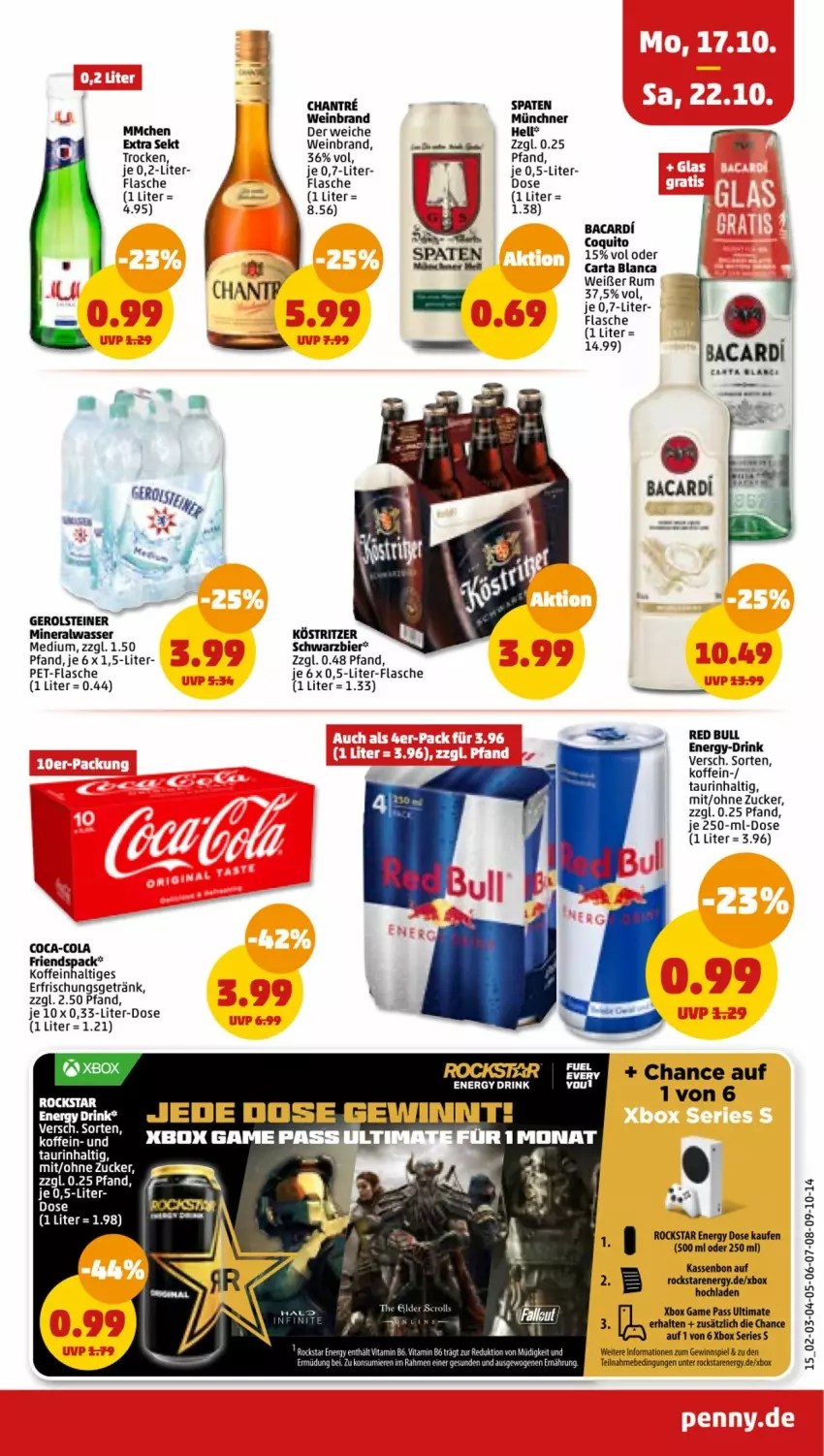 Aktueller Prospekt Penny - Prospekte - von 17.10 bis 22.10.2022 - strona 15 - produkty: Alwa, bacardi, bier, coca-cola, cola, drink, energy drink, erfrischungsgetränk, flasche, gerolsteine, gerolsteiner, getränk, gewinnspiel, köstritzer, mineralwasser, pet-flasche, red bull, Rockstar, rum, sekt, Spaten, steiner, Ti, vita, Vitamin B, wasser, wein, weinbrand, Xbox, zucker