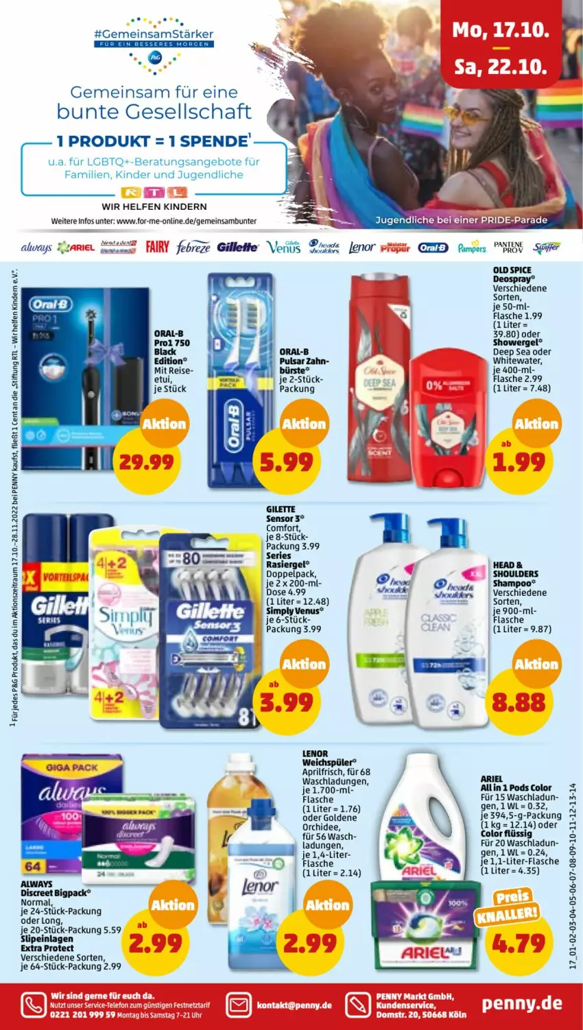 Aktueller Prospekt Penny - Prospekte - von 17.10 bis 22.10.2022 - strona 17 - produkty: Alwa, Always, angebot, angebote, ariel, bürste, Discreet, eis, febreze, flasche, Kinder, lack, lenor, LG, Old Spice, oral-b, orchidee, Pods, pril, rasiergel, reis, shampoo, sim, slip, slipeinlagen, Ti, venus, weichspüler