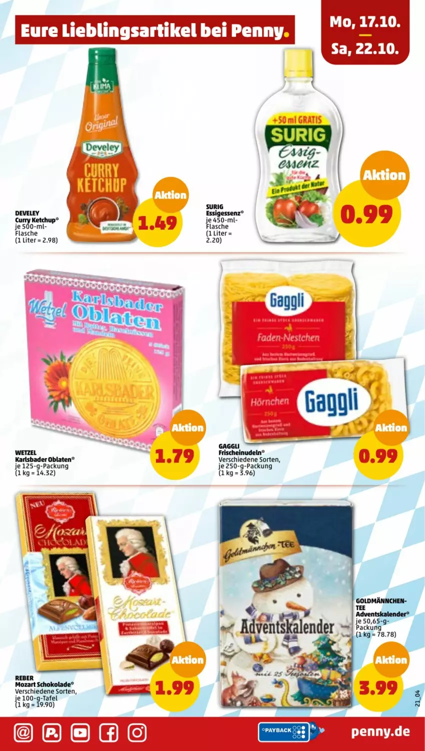 Aktueller Prospekt Penny - Prospekte - von 17.10 bis 22.10.2022 - strona 21 - produkty: Adventskalender, Bad, curry, develey, flasche, je 250-g-packung, ketchup, nudel, Oblaten, schoko, schokolade, tee, Ti