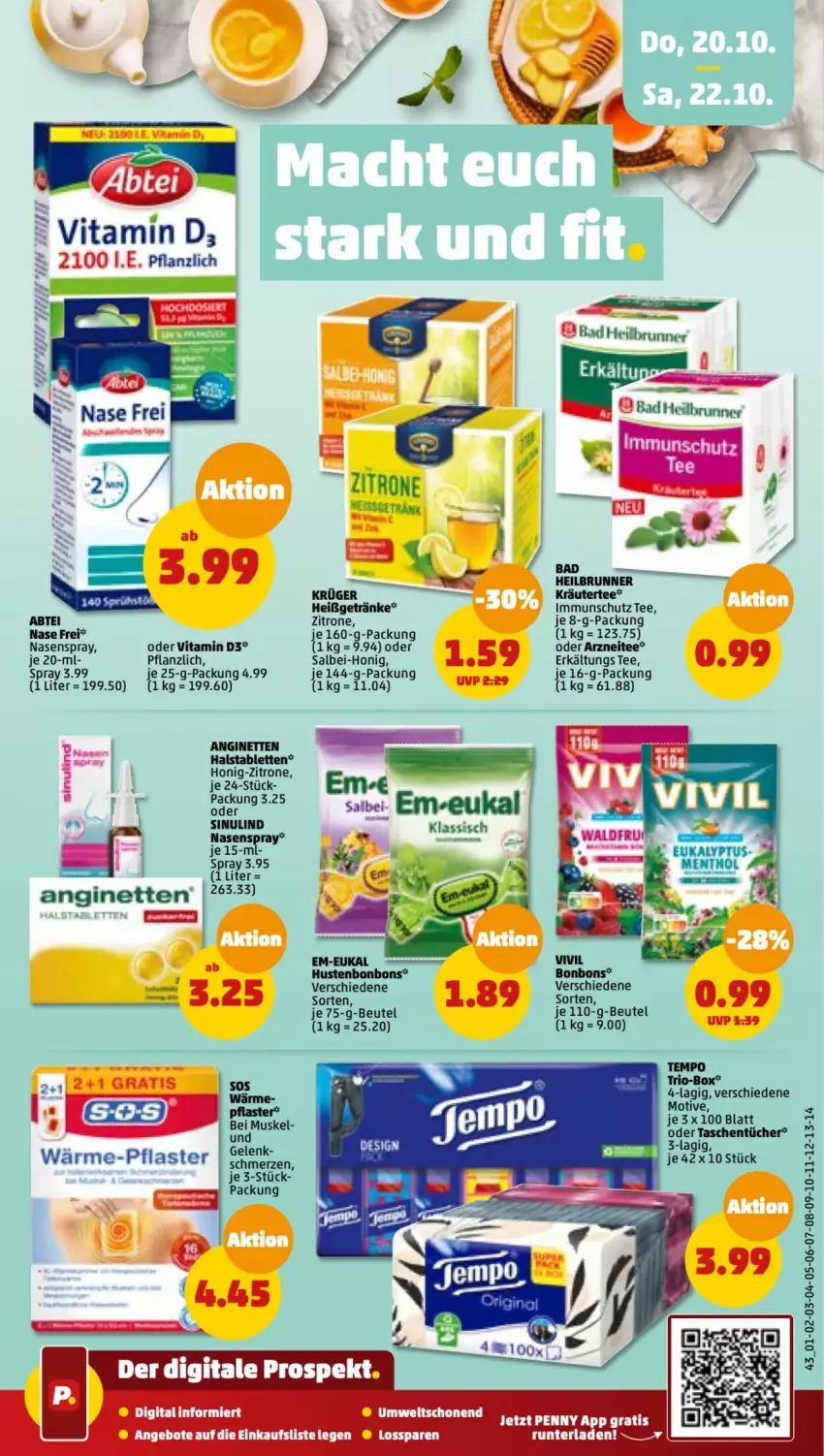 Aktueller Prospekt Penny - Prospekte - von 17.10 bis 22.10.2022 - strona 43 - produkty: angebot, angebote, beutel, bonbons, Erkältungs, getränk, getränke, gin, honig, Hustenbonbons, kräuter, Nasenspray, tablet, tablett, Tablette, tee, Ti, vita, Vitamin D, zitrone