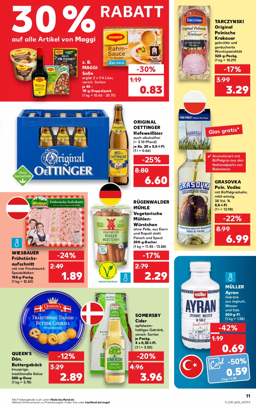 Aktueller Prospekt Kaufland - von 12.05 bis 18.05.2022 - strona 11 - produkty: alkohol, angebot, angebote, apfel, apfelwein, auer, aufschnitt, Ayran, Bau, Bauer, Becher, bier, butter, cider, eier, eis, elle, fleisch, getränk, gin, Hefe, joghur, joghurt, keks, kekse, krakauer, LG, maggi, Müller, oettinger, rapsöl, rügenwalder, rügenwalder mühle, salz, somersby, Soße, Speck, Spezi, Ti, Vegeta, vodka, wasser, wein, wiesbauer, wurst, würstchen