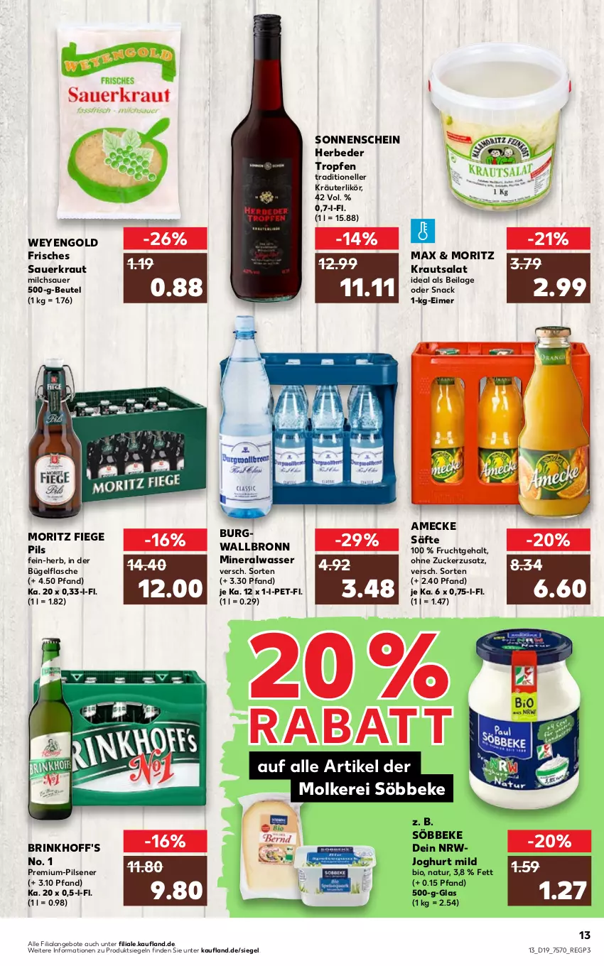 Aktueller Prospekt Kaufland - von 12.05 bis 18.05.2022 - strona 13 - produkty: Alwa, amecke, angebot, angebote, auer, beutel, bio, bügel, bügelflasche, eimer, elle, flasche, frucht, ilag, joghur, joghurt, joghurt mild, Kraut, kräuter, kräuterlikör, krautsalat, likör, milch, mineralwasser, natur, pils, pilsener, säfte, salat, Sauerkraut, snack, söbbeke, Ti, wasser, zucker