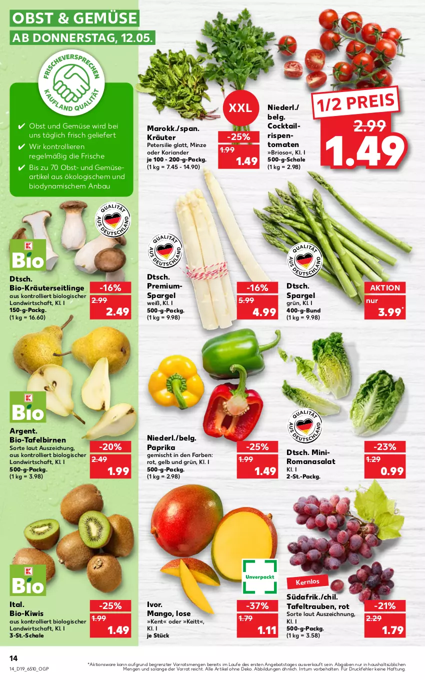 Aktueller Prospekt Kaufland - von 12.05 bis 18.05.2022 - strona 14 - produkty: angebot, Bau, bio, Birnen, cocktail, eis, kiwi, Koriander, kräuter, Kräuterseitlinge, LG, mango, minze, obst, Obst und Gemüse, paprika, petersilie, reis, Ria, Romanasalat, salat, Schal, Schale, spargel, spargel grün, tafelbirnen, tafeltrauben, Ti, tomate, tomaten, trauben, trolli, und gemüse, ZTE